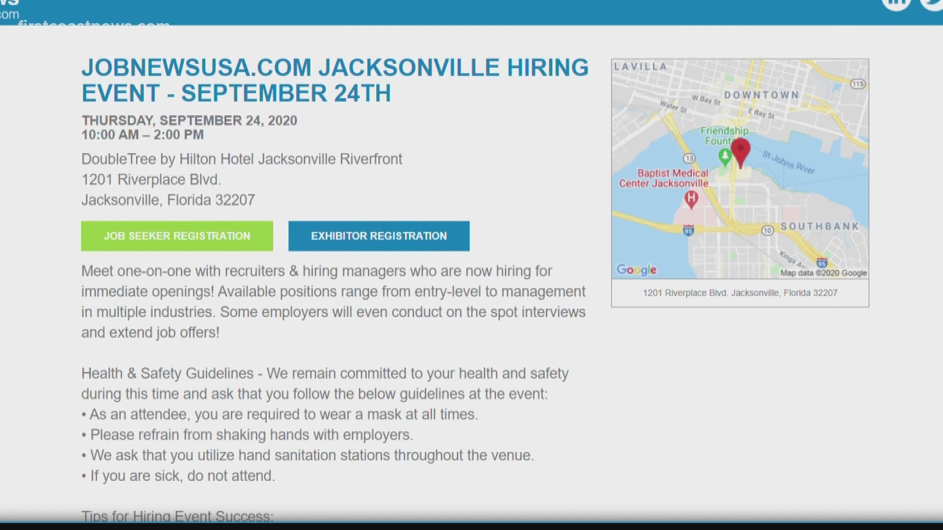 A job fair is happening this Thursday, Sept. 24, from 10 a.m. until 2 p.m. at the Riverfront Doubletree Hotel in Downtown Jacksonville. You must register to attend.
