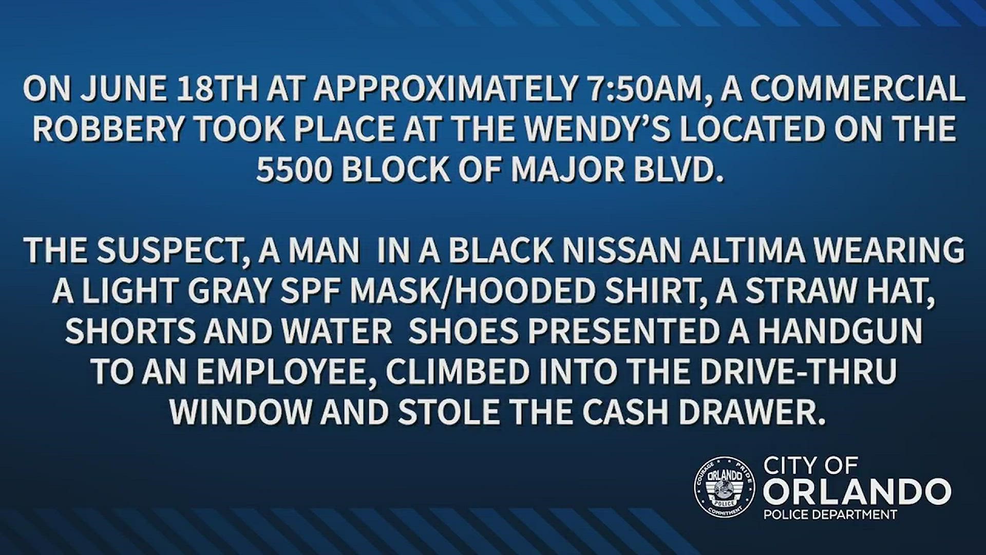 Orlando police are looking for a man who climbed into a Wendy's window and stole money from the cash register.