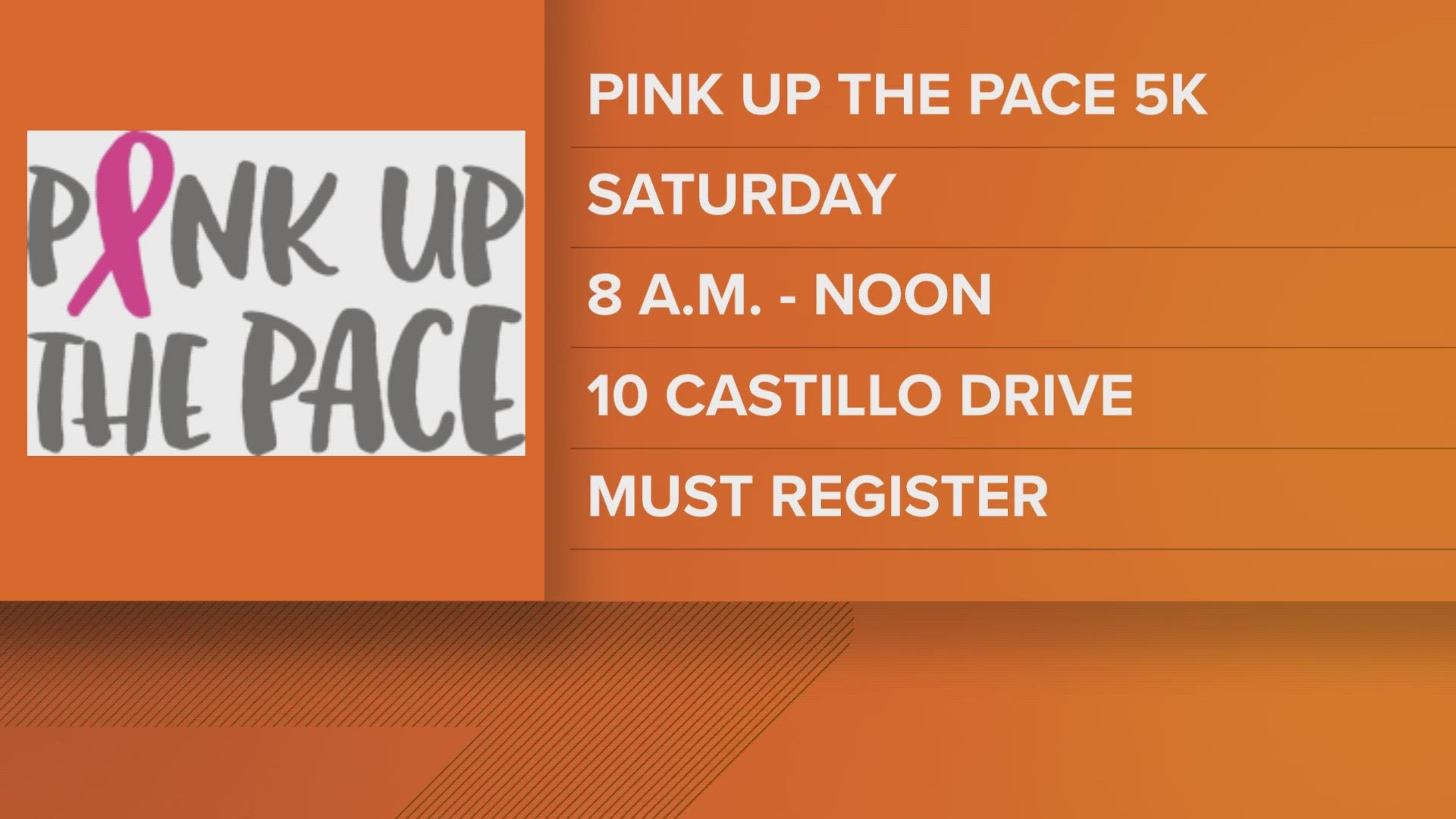 The Pink Up The Pace 5K run will be on Saturday at 10 Castillo Dr. in St. Augustine from 8 a.m. to noon. You must register for the run.