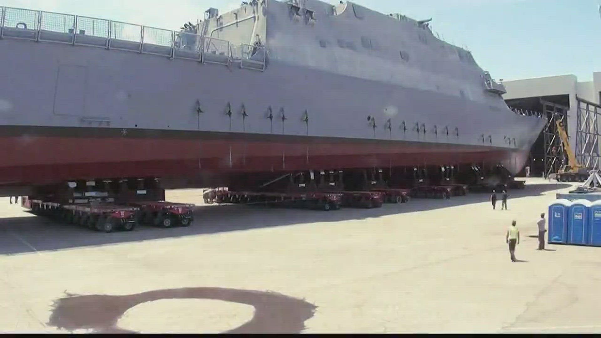 It took six hours to move the future USS Billings on 18 self-propelled transporters