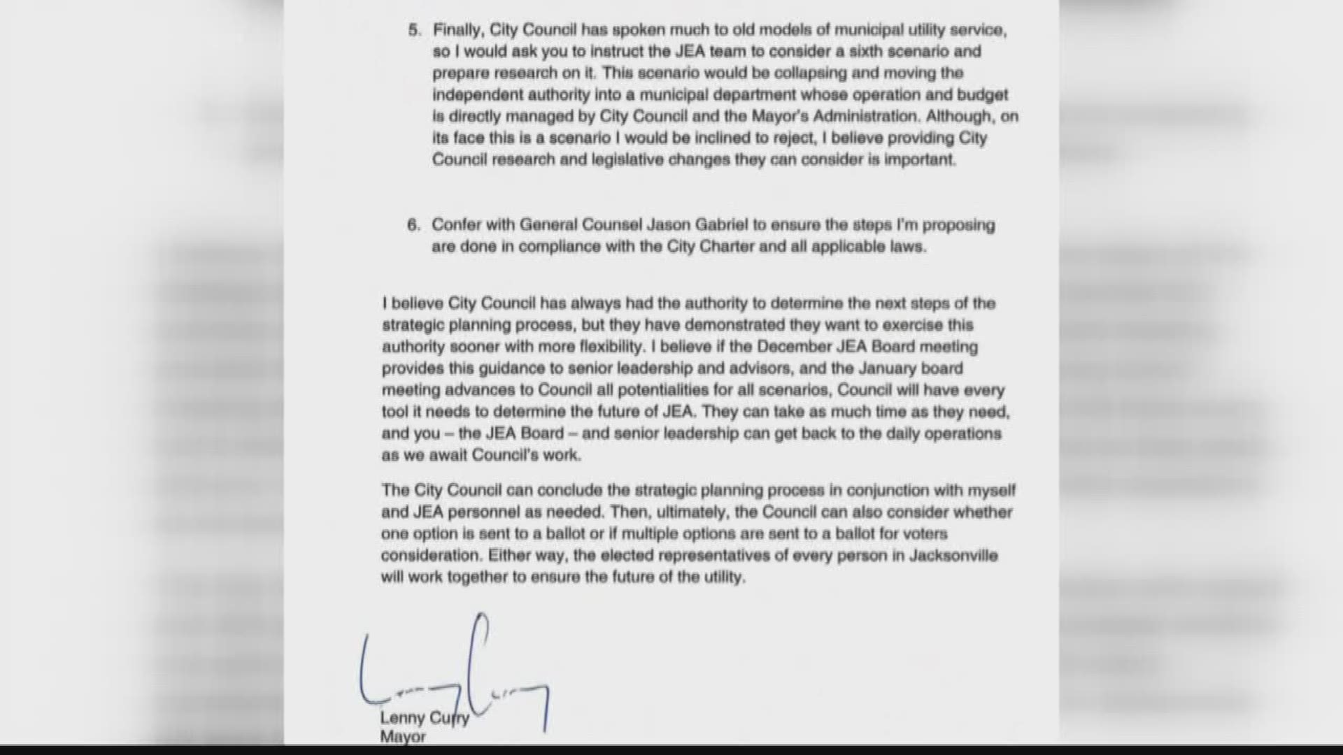 In the letter, the mayor makes six detailed requests of the JEA board members and suggests handing over selling power to city council.