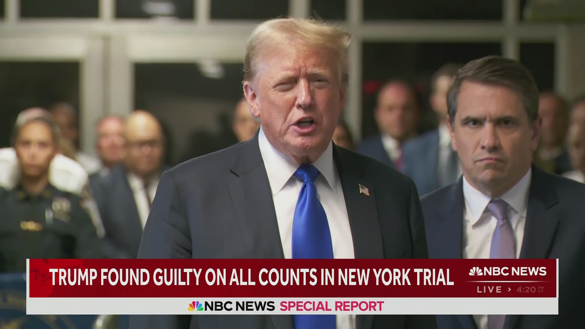 Former President Donald Trump talks outside a New York courtroom Thursday.