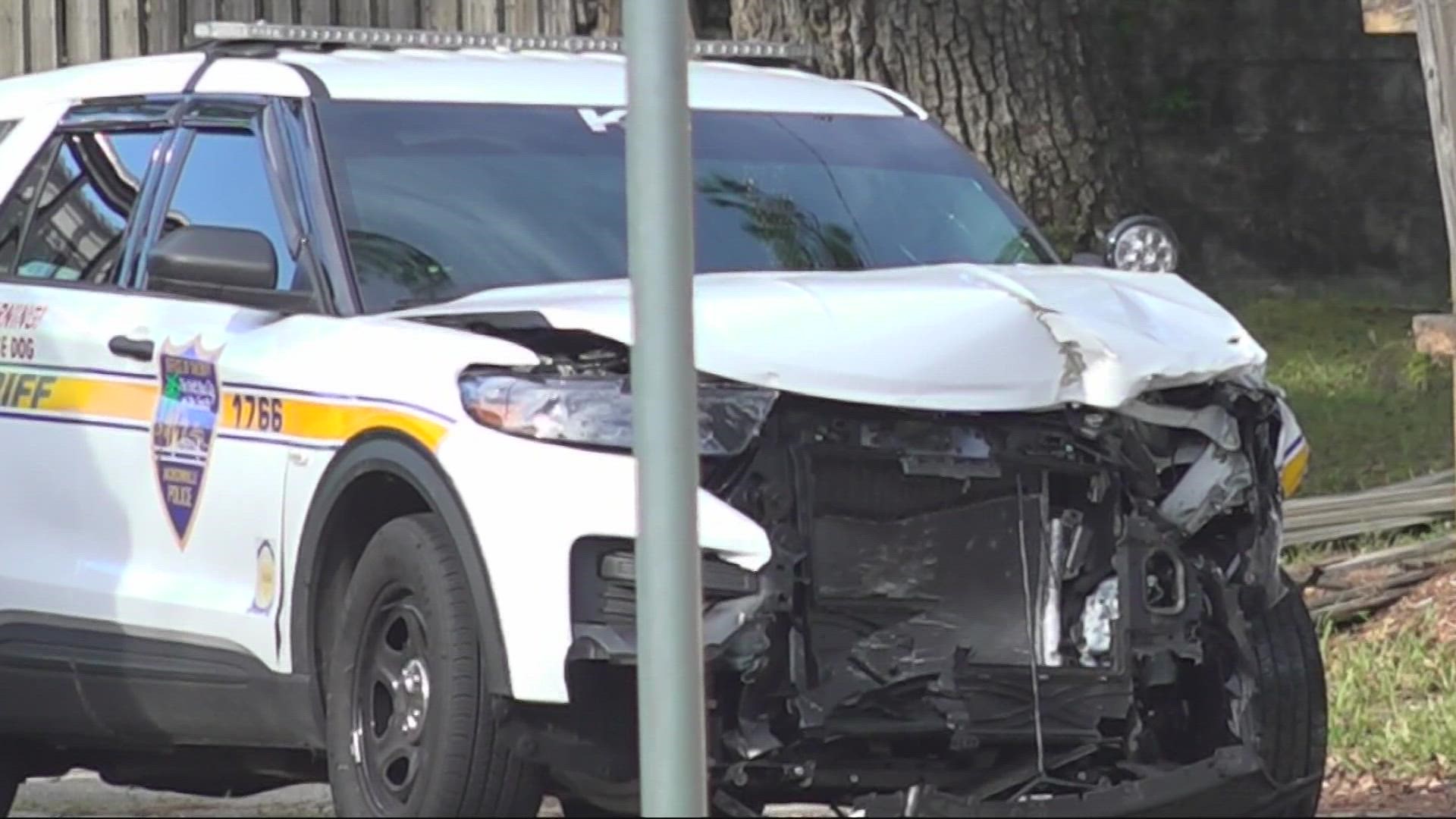 During the course of a pursuit, police say two JSO marked patrol vehicles ran into each other.