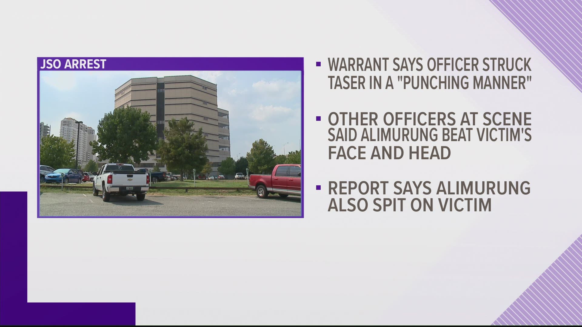 The arrest warrant says police body cam footage shows the JSO officer punching the unnamed victim, a 26-year-old Black man, in the head and face with his Taser.