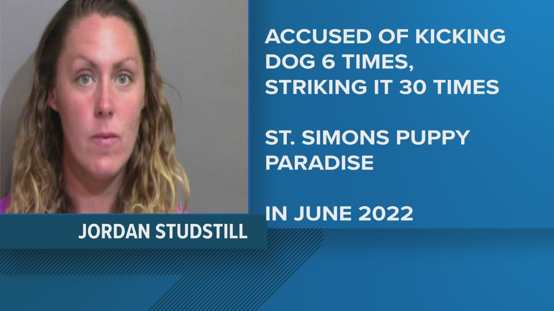 Jordan Studstill is charged with animal cruelty and is accused of kicking a dog 6 times & striking it 30 times in the head in June 2022 at St. Simons Puppy Paradise.