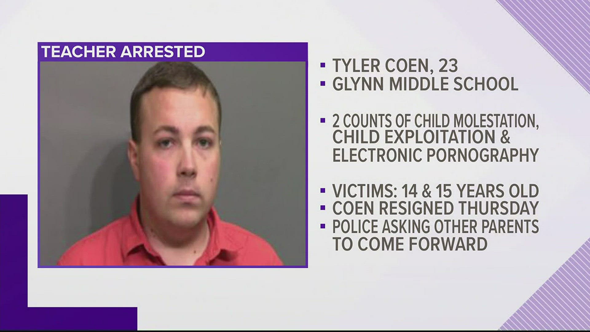 23-year-old Tyler Coen used to work at Glynn Middle School but resigned following the allegations of inappropriately contacting a 14-year-old and 15-year-old.