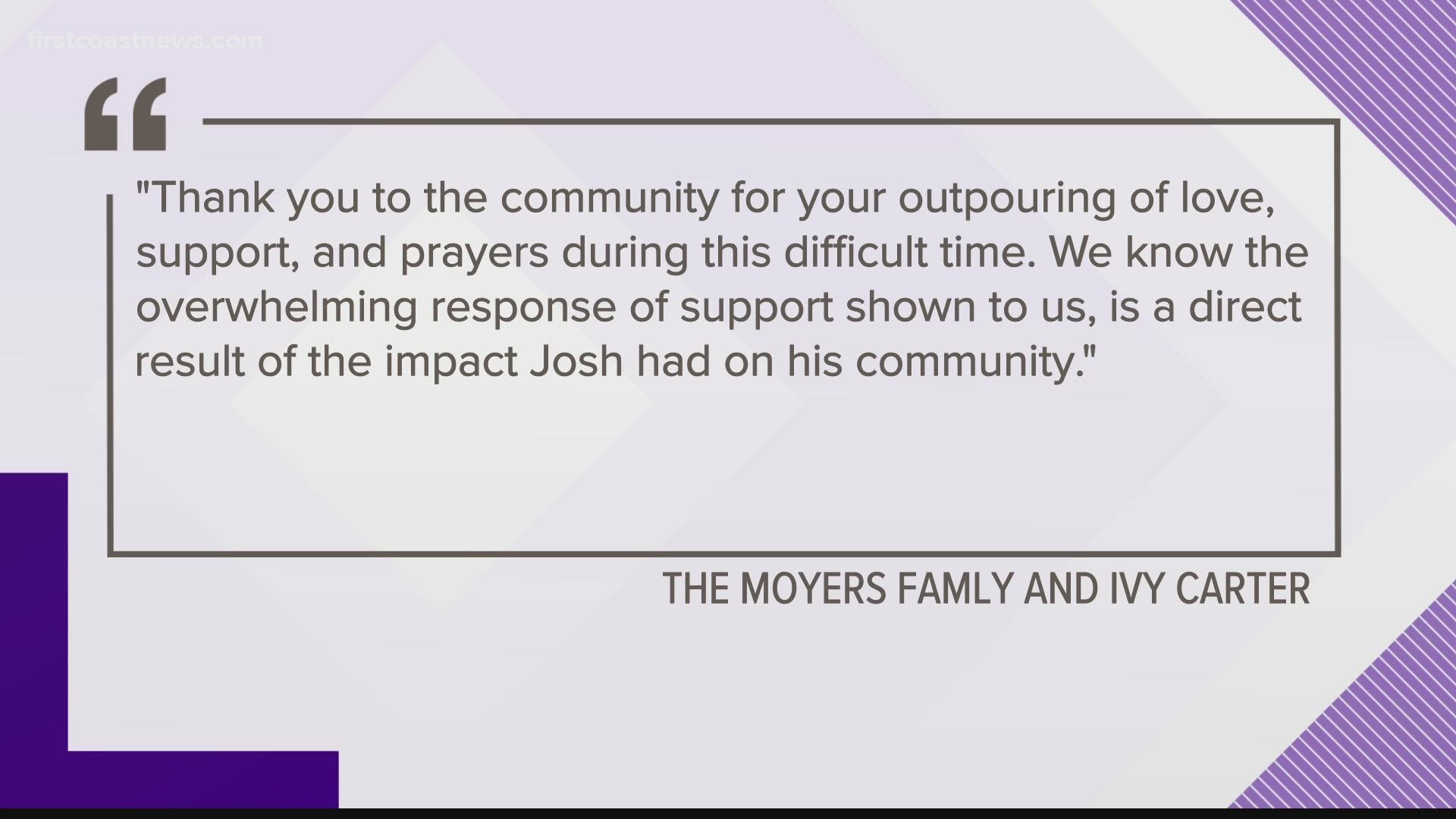 Deputy Joshua Moyers was shot twice on Friday, in the face and back. He died Sunday in the hospital.