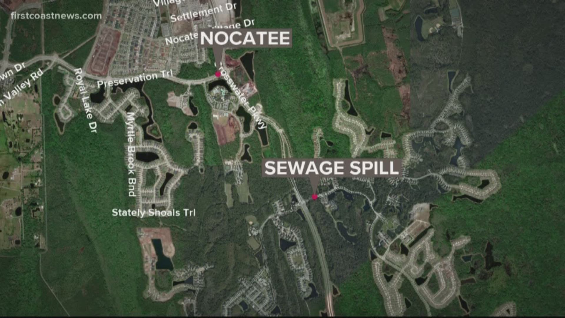 The DEP says that on Wednesday a main failed and released an estimated 100,452 gallons of sewer onto the ground, onto the road, and into a stormwater system at Del Webb Parkway and Bay Breeze Drive.