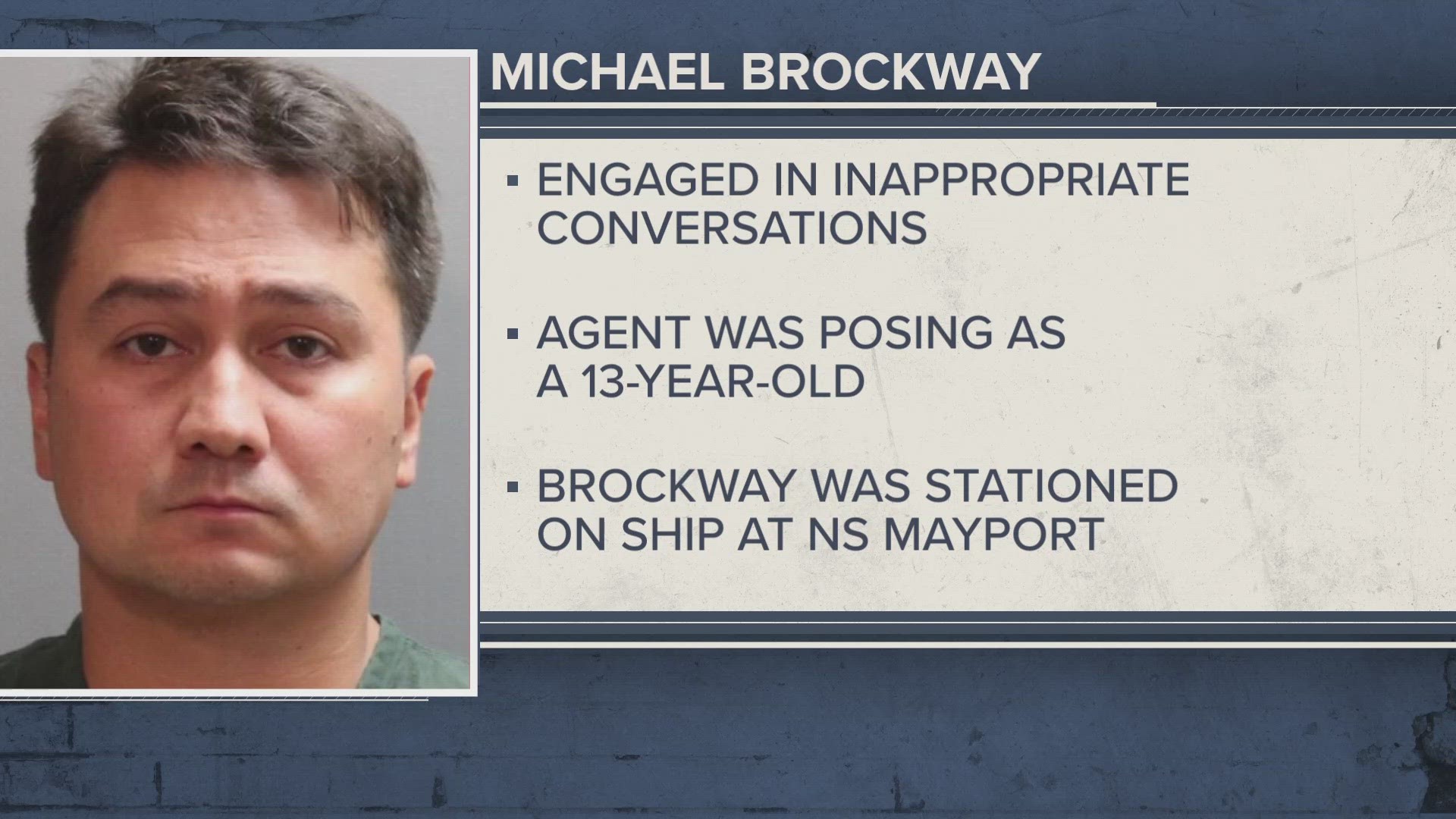 The DOJ said Michael Brockway, 40, sent an agent pretending to a teen a sexually explicit video he made while aboard a Navy ship docked at Naval Station Mayport.
