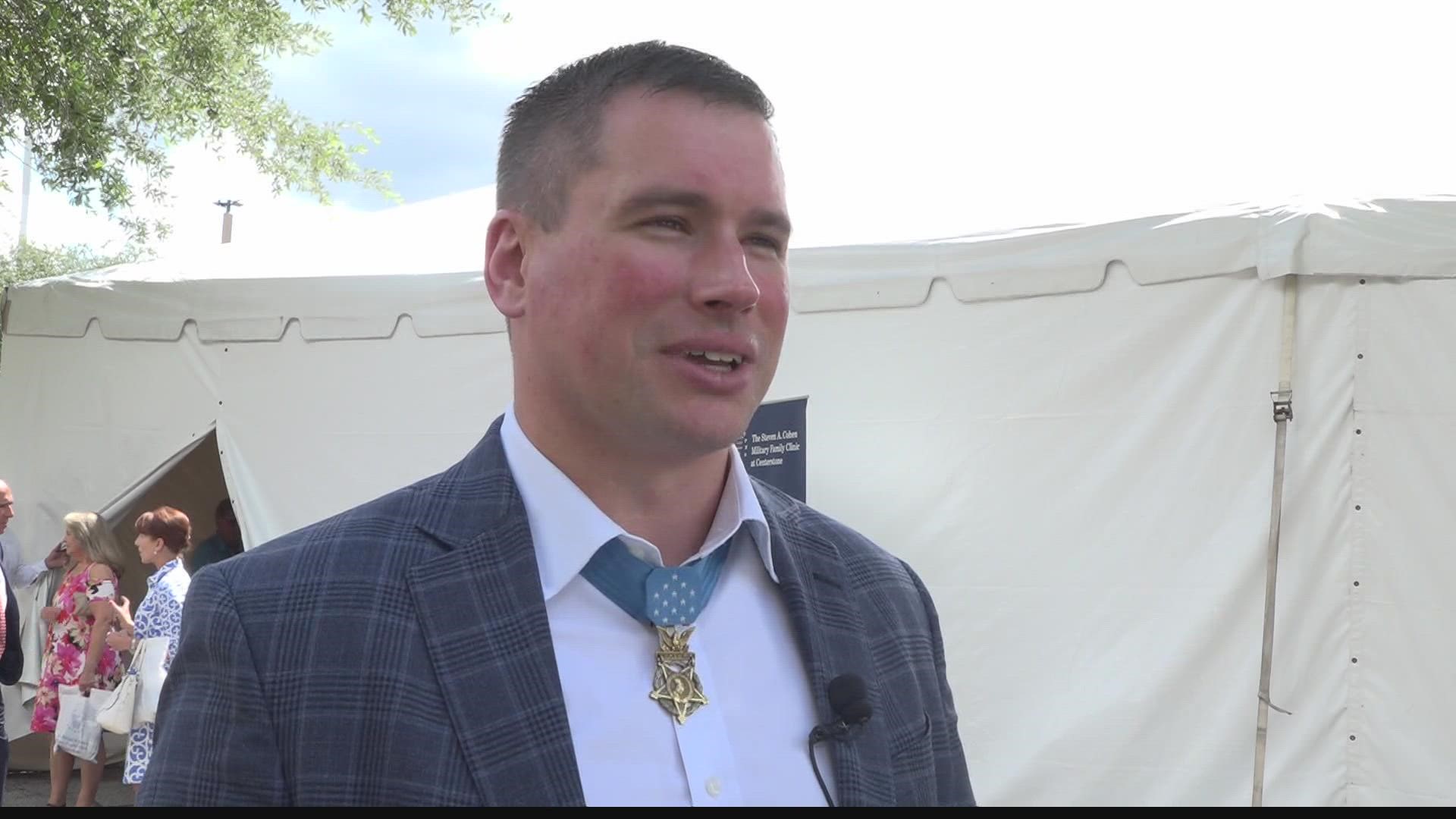 A medal of honor recipient Sergeant Kyle White spoke about the critical need for PTSD and other mental health care for the military. He says, it saved his life.