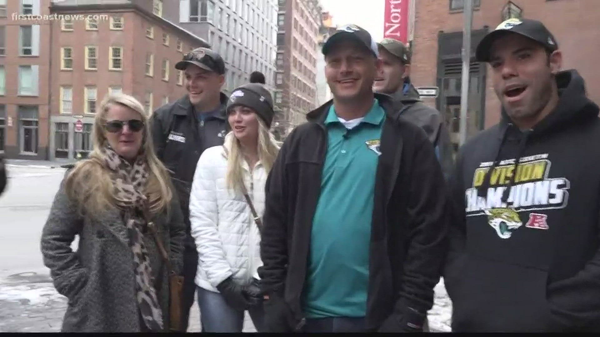 Boston, we've arrived! Fans are flooding the streets wearing Jags gear and teal.