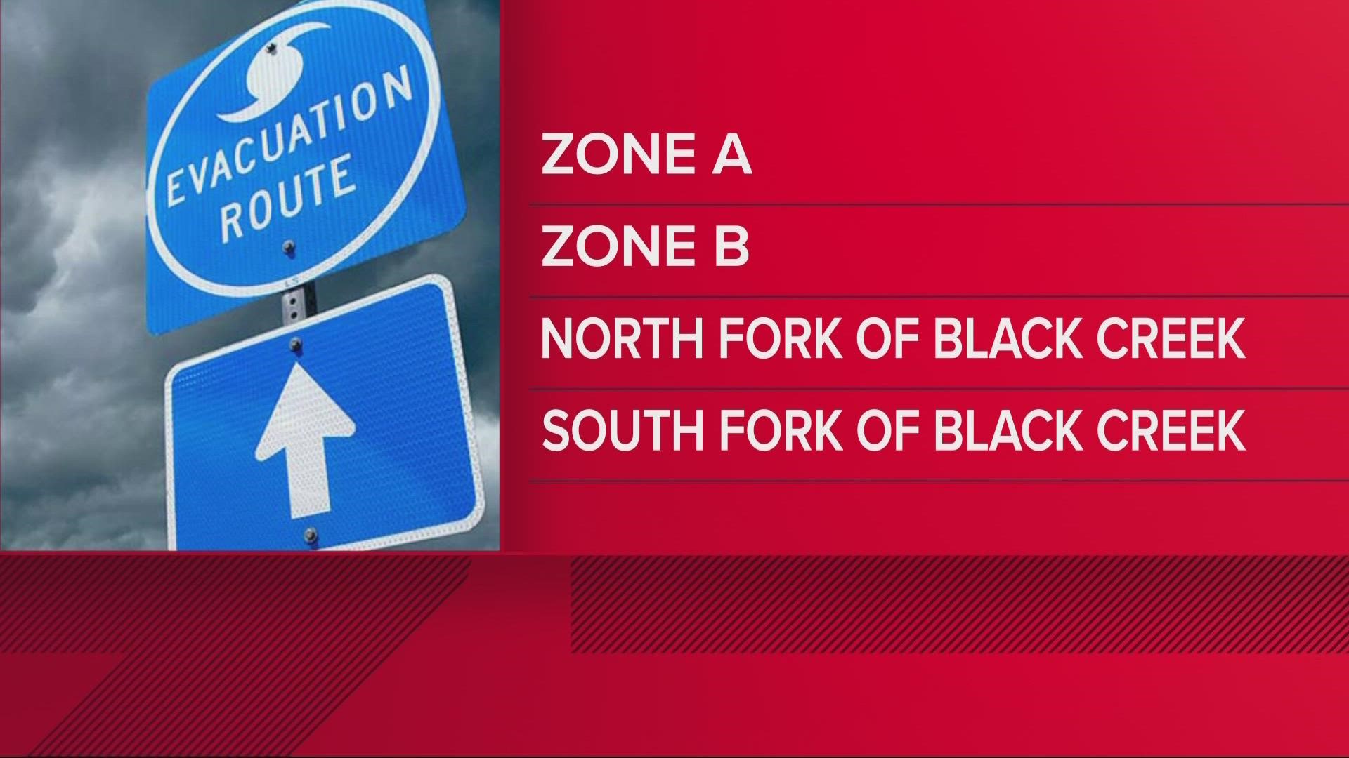 Areas of Zone A, Zone B, and Zone C as well as the north and south forks of Black Creek should be prepared.