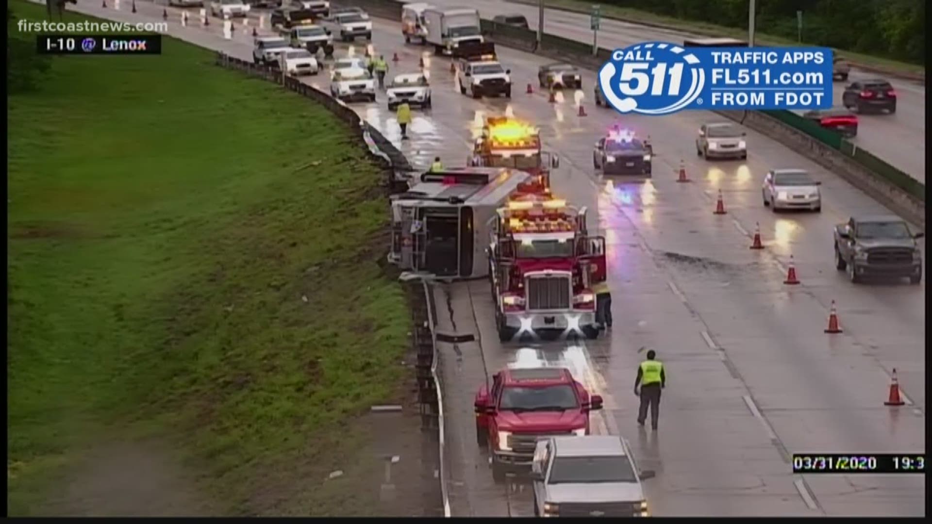 The driver of the JTA bus was taken to the hospital with minor injuries after hydroplaning, hitting a guardrail and flipping on I-10, during a heavy downpour.