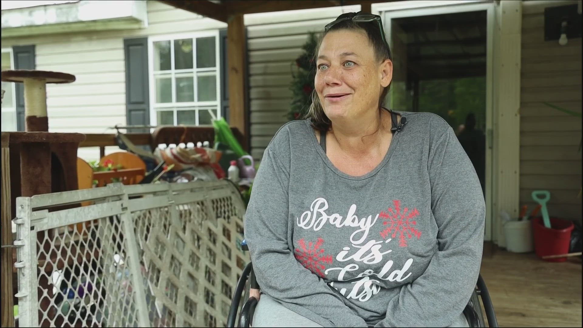 She was in need of an outdoor wheelchair ramp for her home. Roughly 18 years ago, she was hit by a drunk driver while riding on a motorcycle.