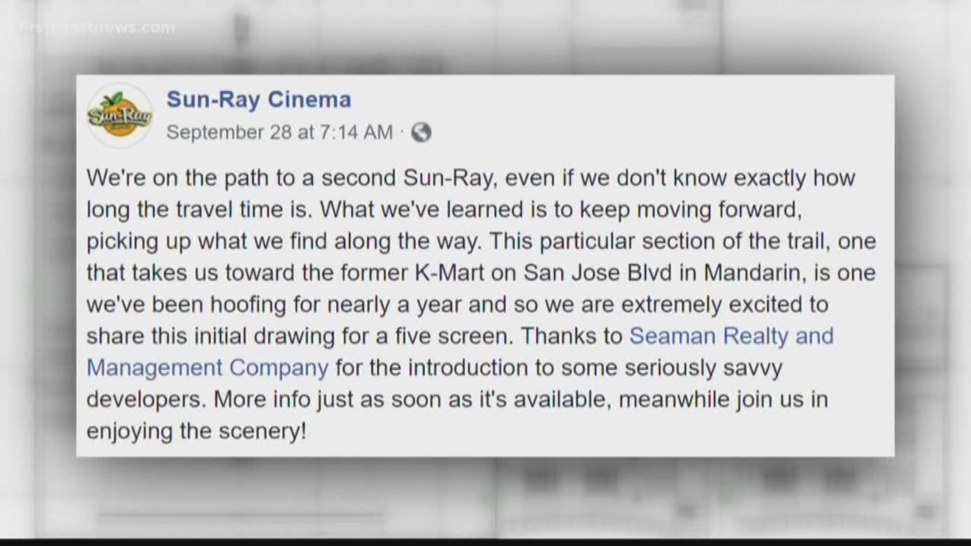 A former Kmart in Mandarin may become Jacksonville’s newest cinematic destination after Five Points movie theater Sun-Ray Cinema announced Saturday.