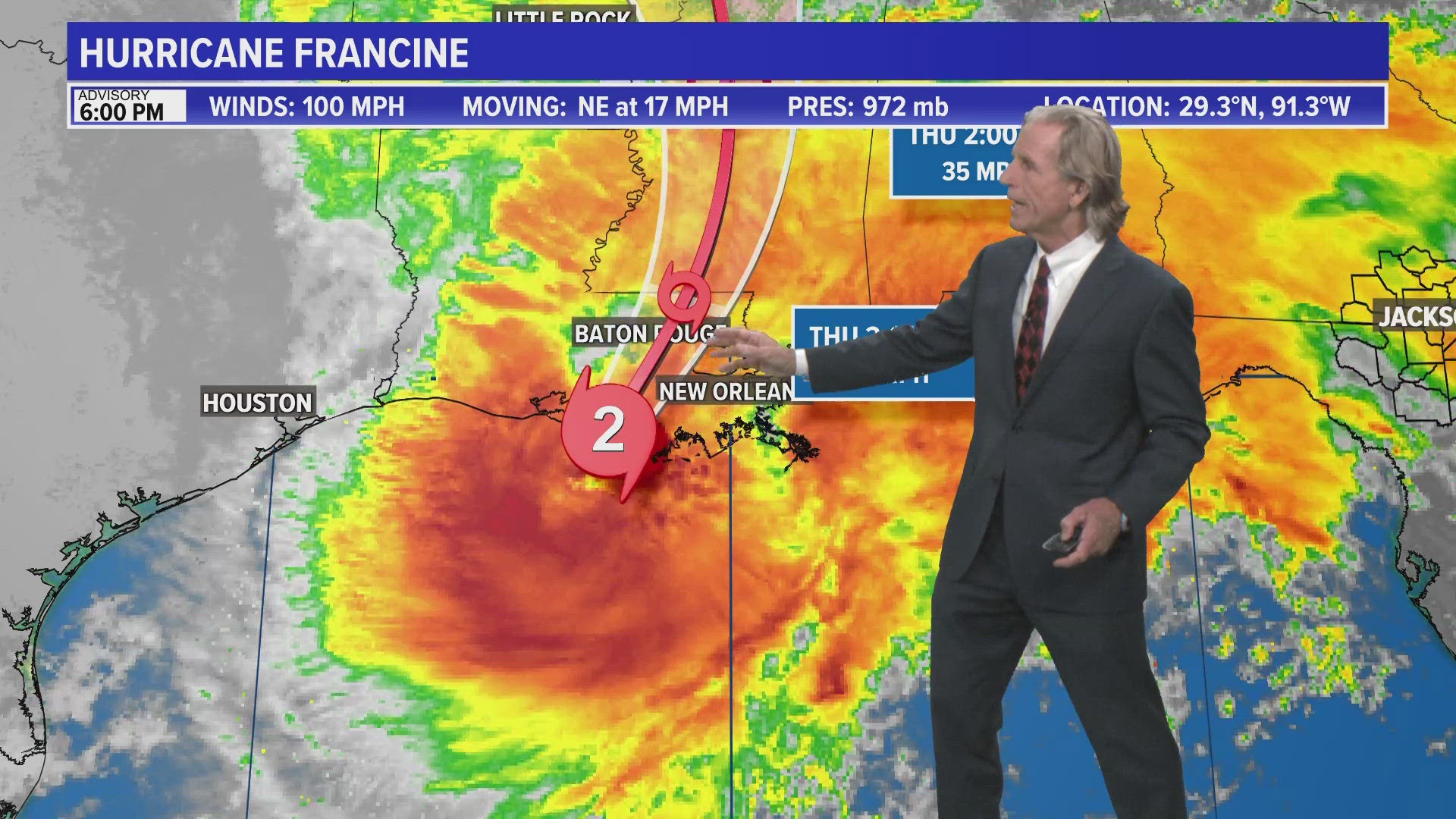 Hurricane Francine making landfall in Louisiana as we continue to see off and on showers this evening