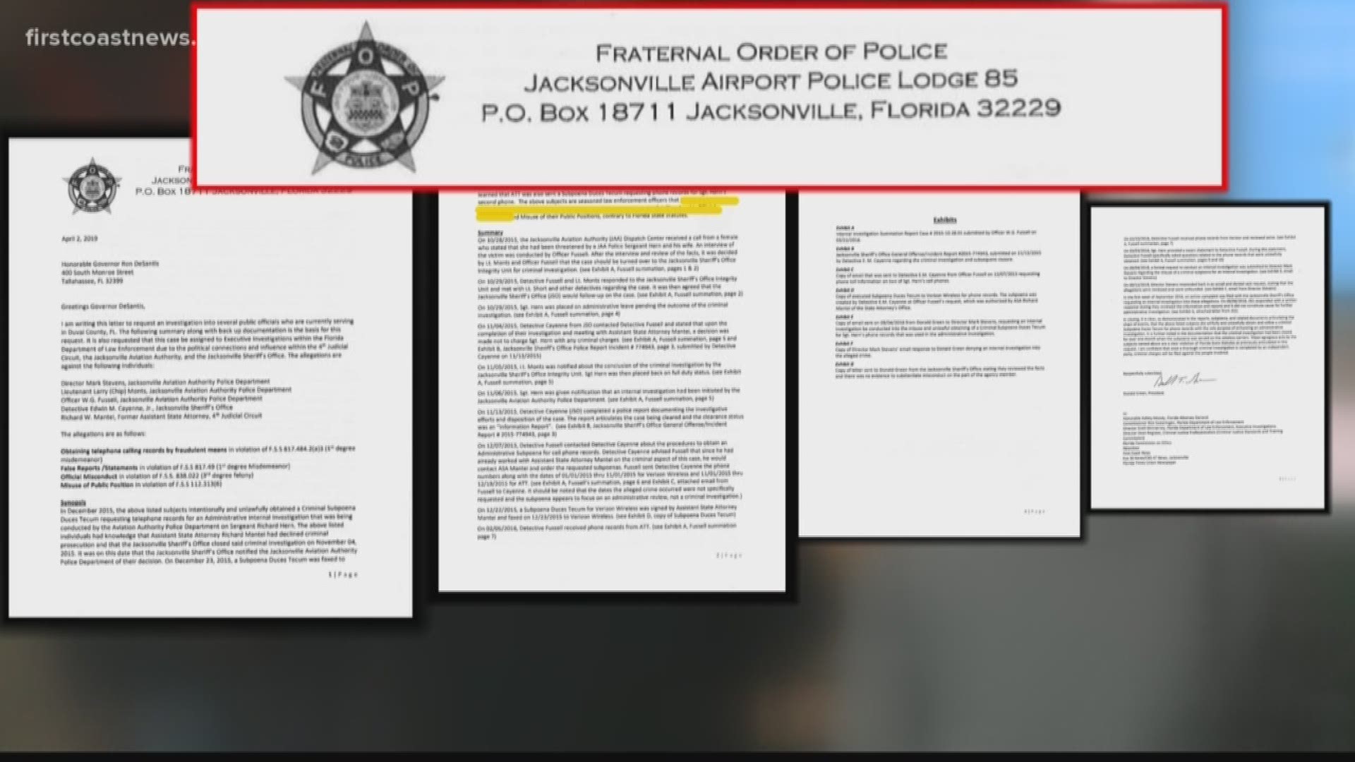 The four-page letter to Governor Ron Desantis lays out the allegations which the Fraternal Order of Police call a case of criminal overreach, where local law enforcement used subpoena power to investigate and punish an officer.