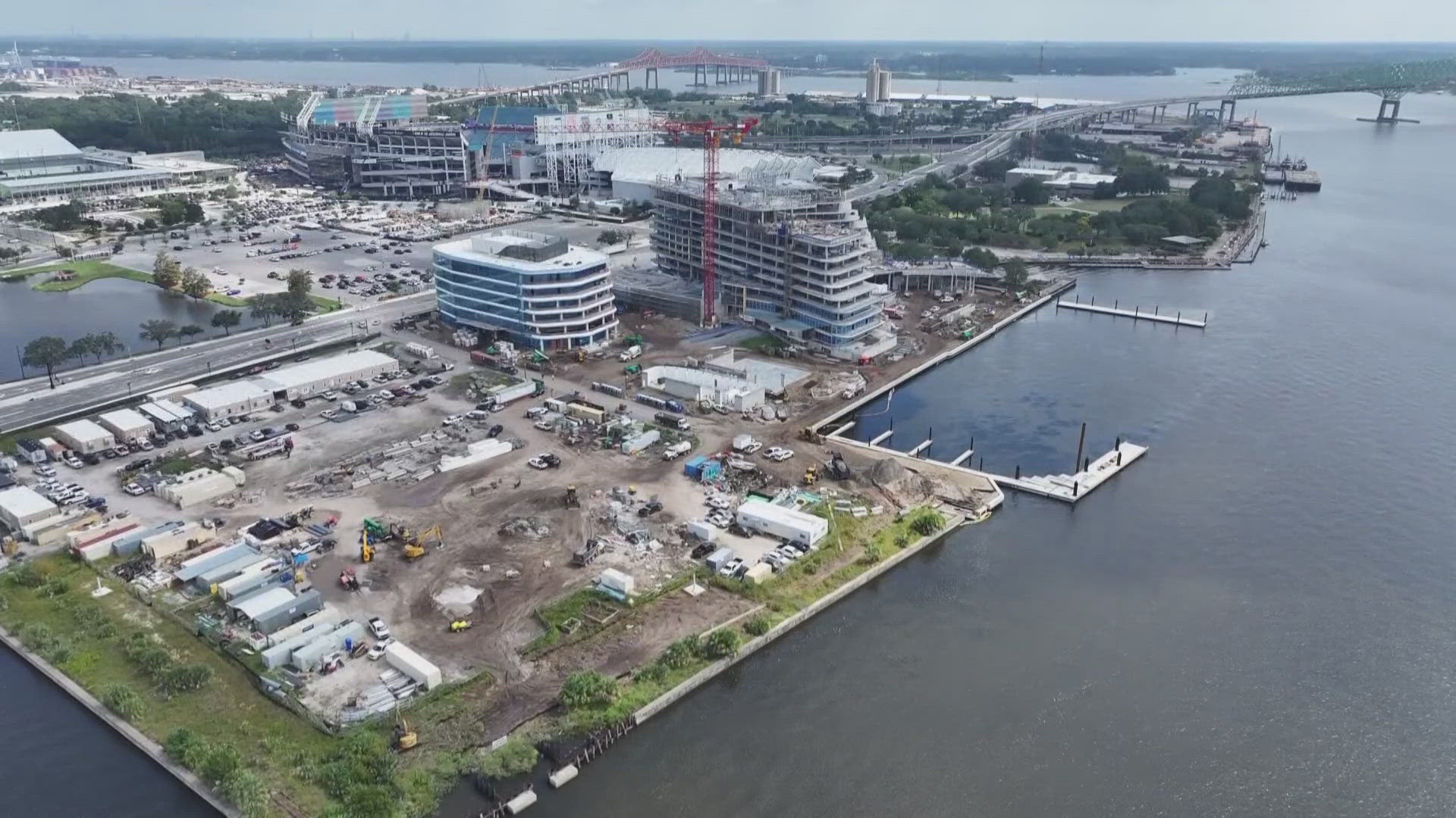 The skyline of Jacksonville's Sports and Entertainment District is now marked by cranes and construction crews.