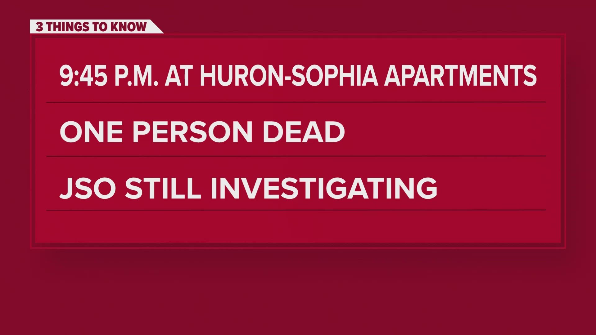 JSO says at 9:45 p.m. on Wednesday, patrol officers responded to the Huron-Sophia Apartments on Sophia Street where they found the man with at least 1 gunshot wound.