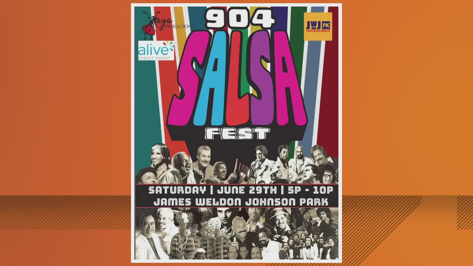 Events include a '904 Salsa Fest' at James Weldon Johnson Park, 'Artpark Fun Day' on Hubbard Street and a Jumbo Shrimp game!