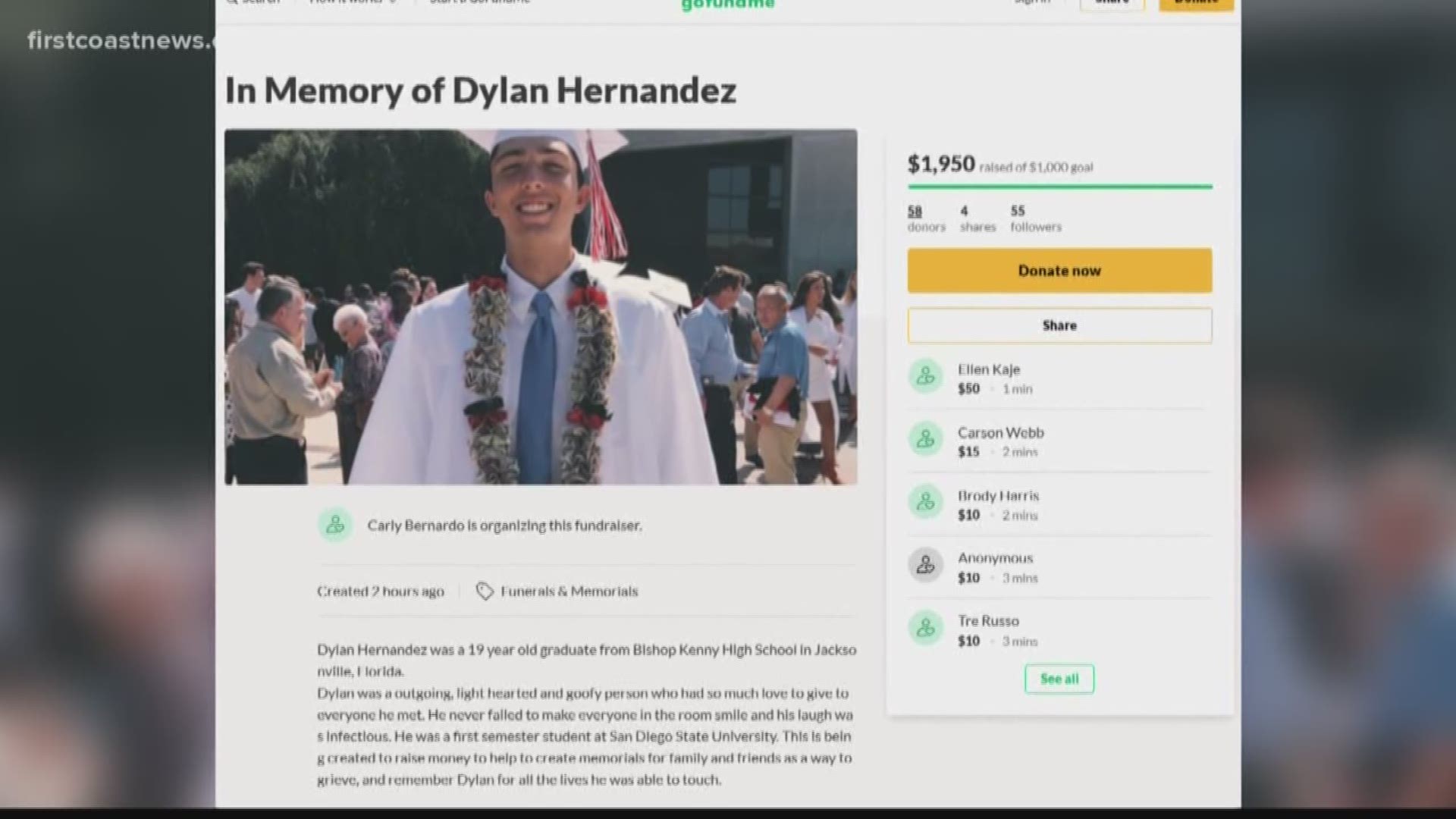 A Bishop Kenny High School graduate died at San Diego State University after falling from a bunk bed upon returning from a fraternity party, according to a report.