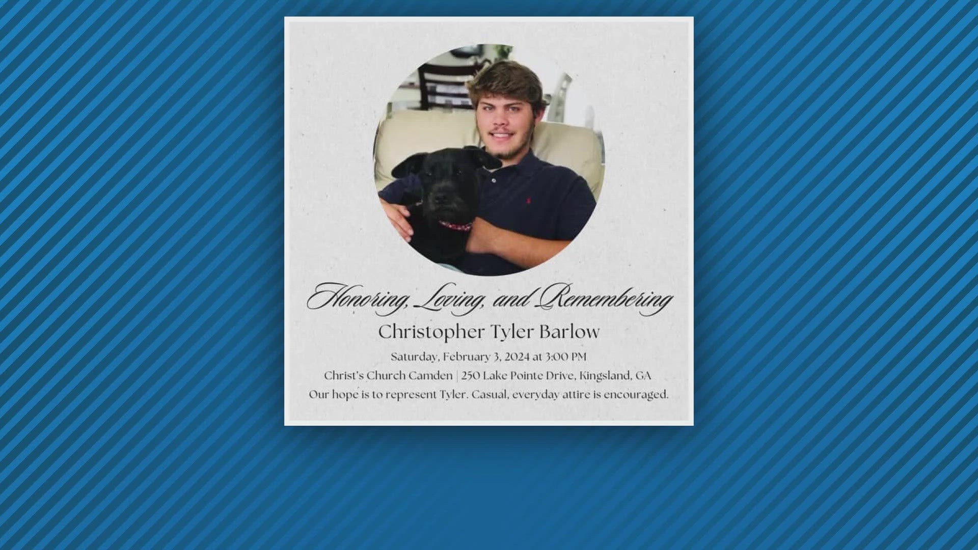 The service for Tyler Barlow will be held on Feb. 3 at Christ's Church Camden in Kingsland, Ga.