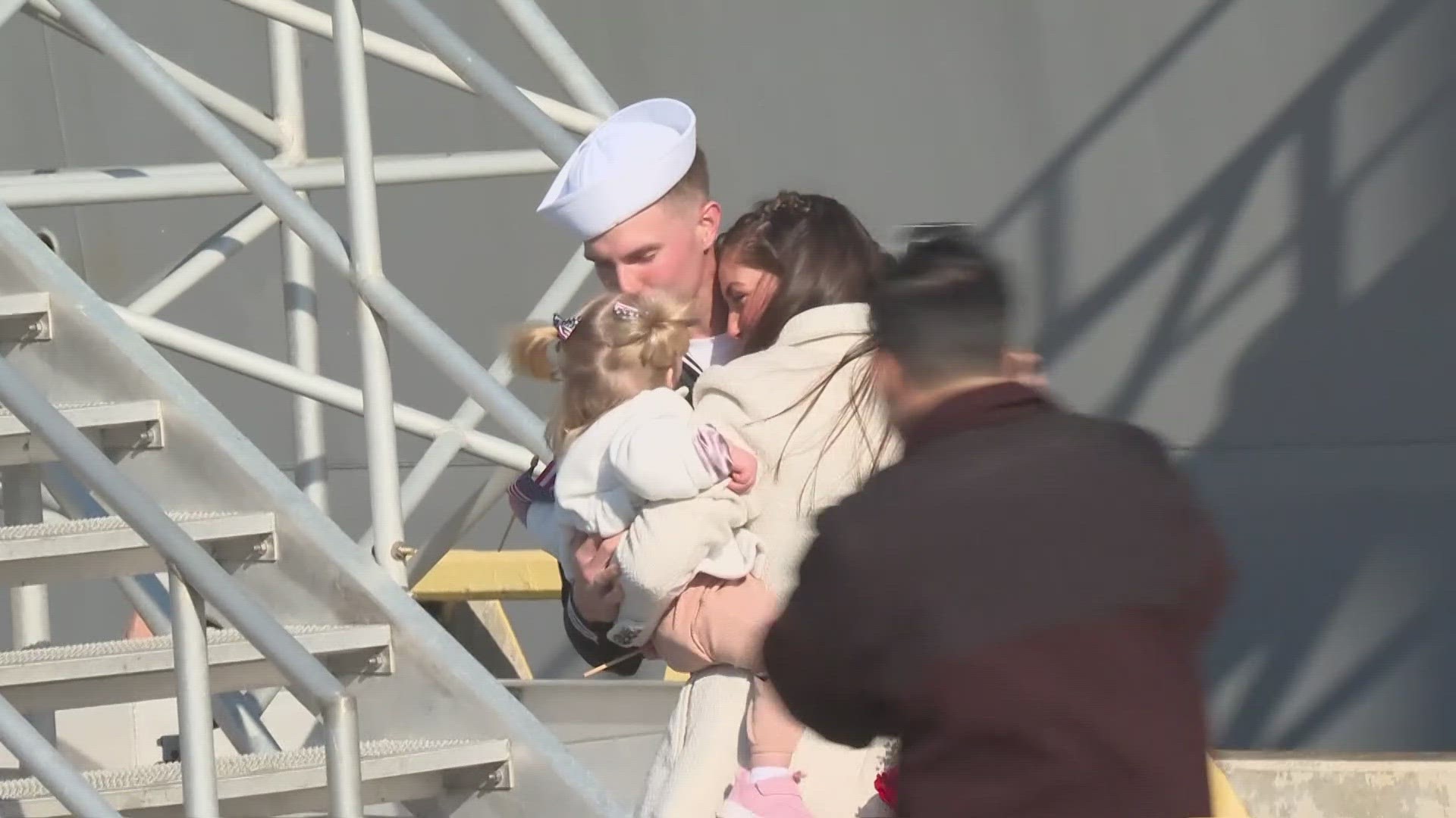 Crowds welcomed hundreds of sailors to Naval Station Mayport, the first of two ships returning from overseas deployments.