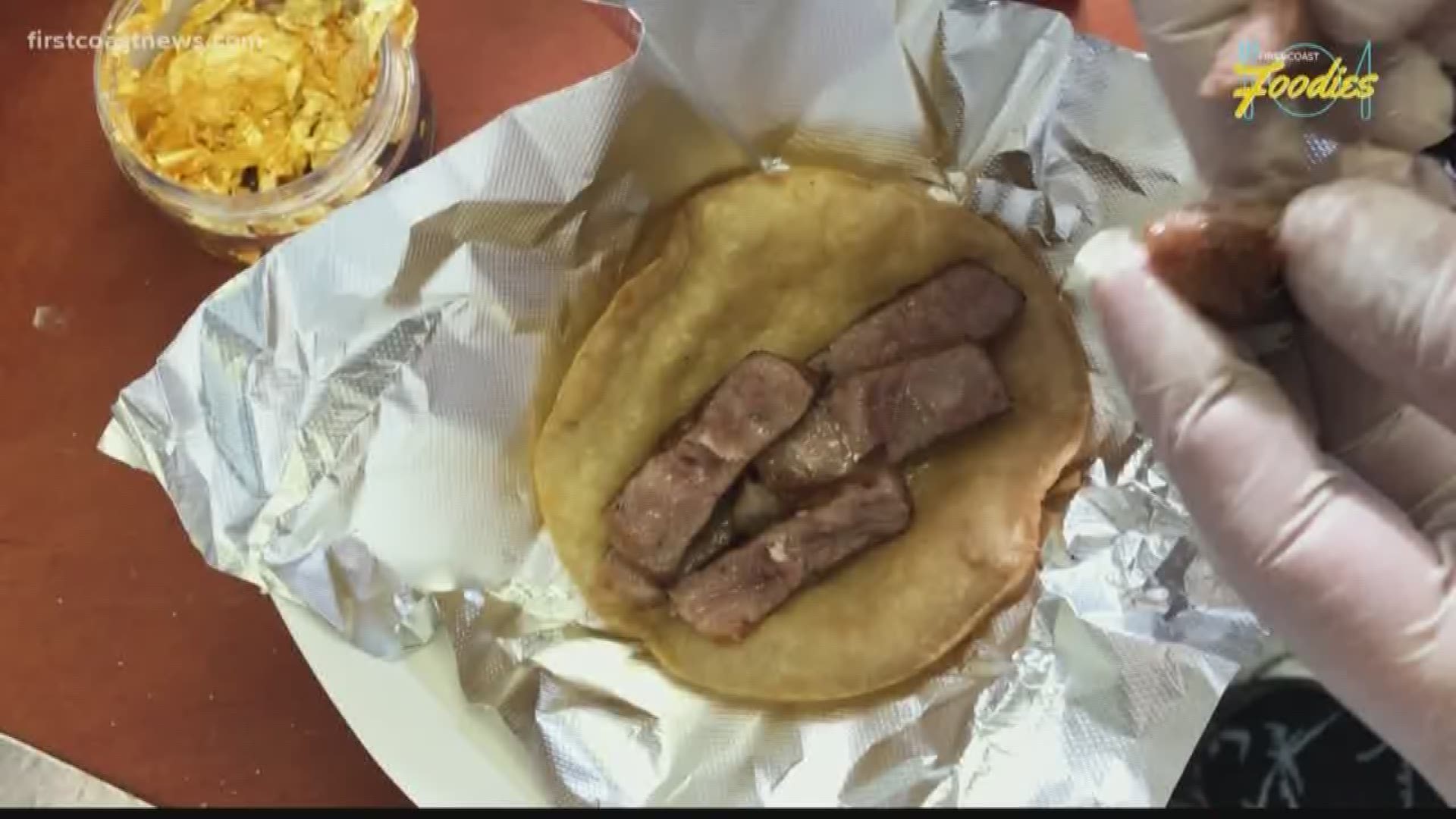 The taco, which is created by Taylor Tacos Food Truck, is made up of a white corn tortilla lightly fried in sesame oil, 2 oz. of A5 wagyu, black truffles, black-truffle Pecorino cheese and edible gold flakes.
