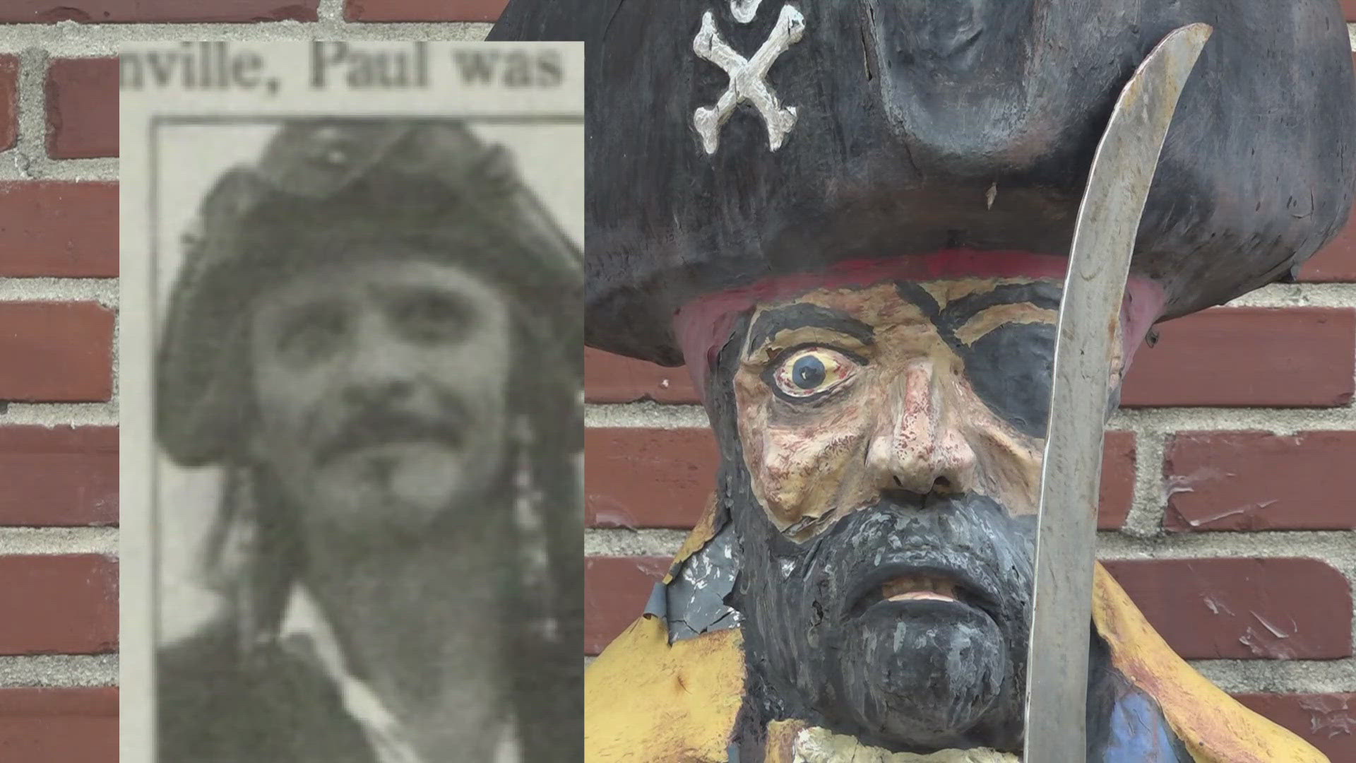 Peg Leg Pete's statue repair reveals ashes inside, identified as pirate club member's remains.