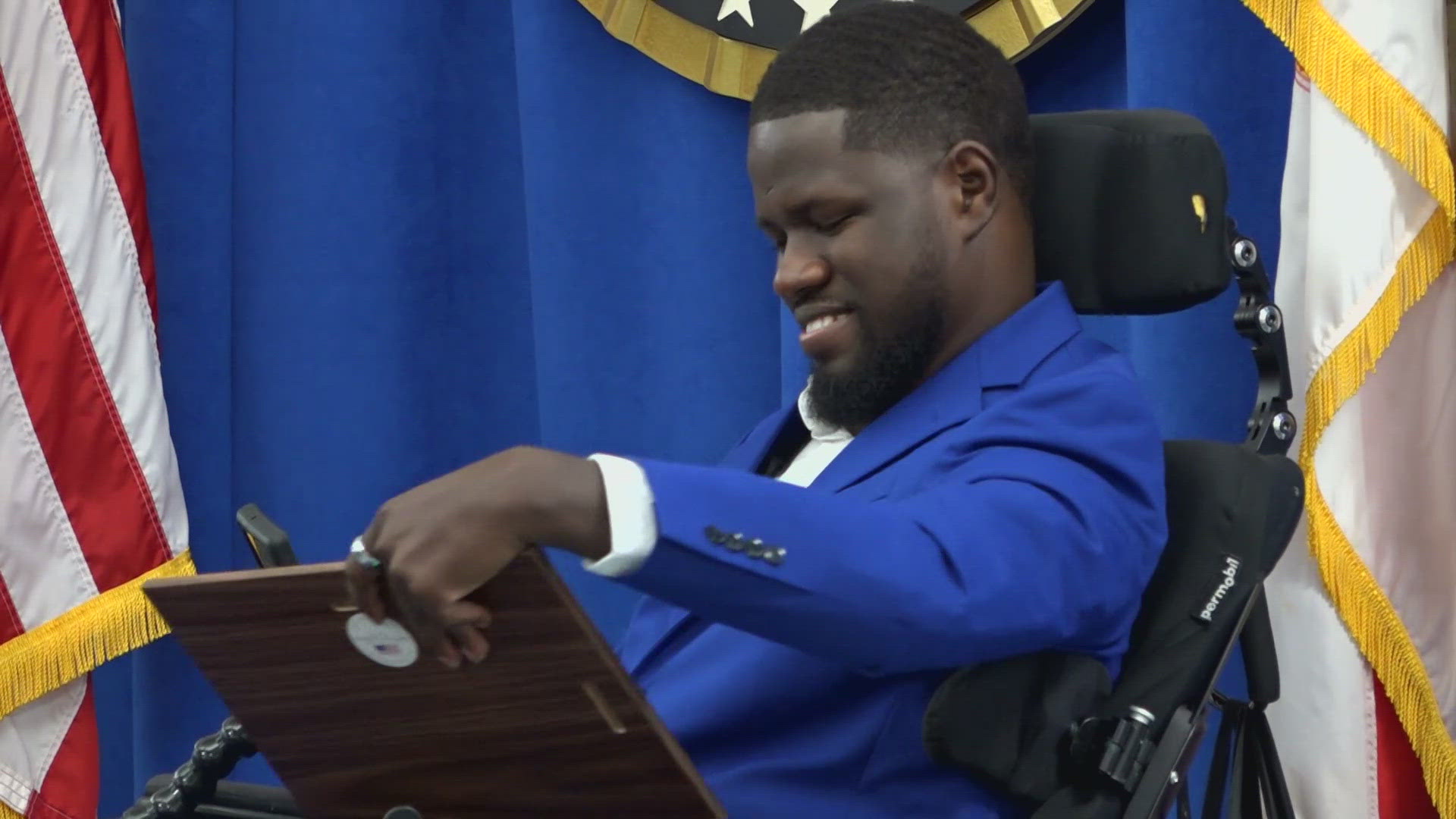 After being shot in the line of duty last year, Officer Malik Daricaud spent the morning back at JSO headquarters to receive the Purple Heart award.