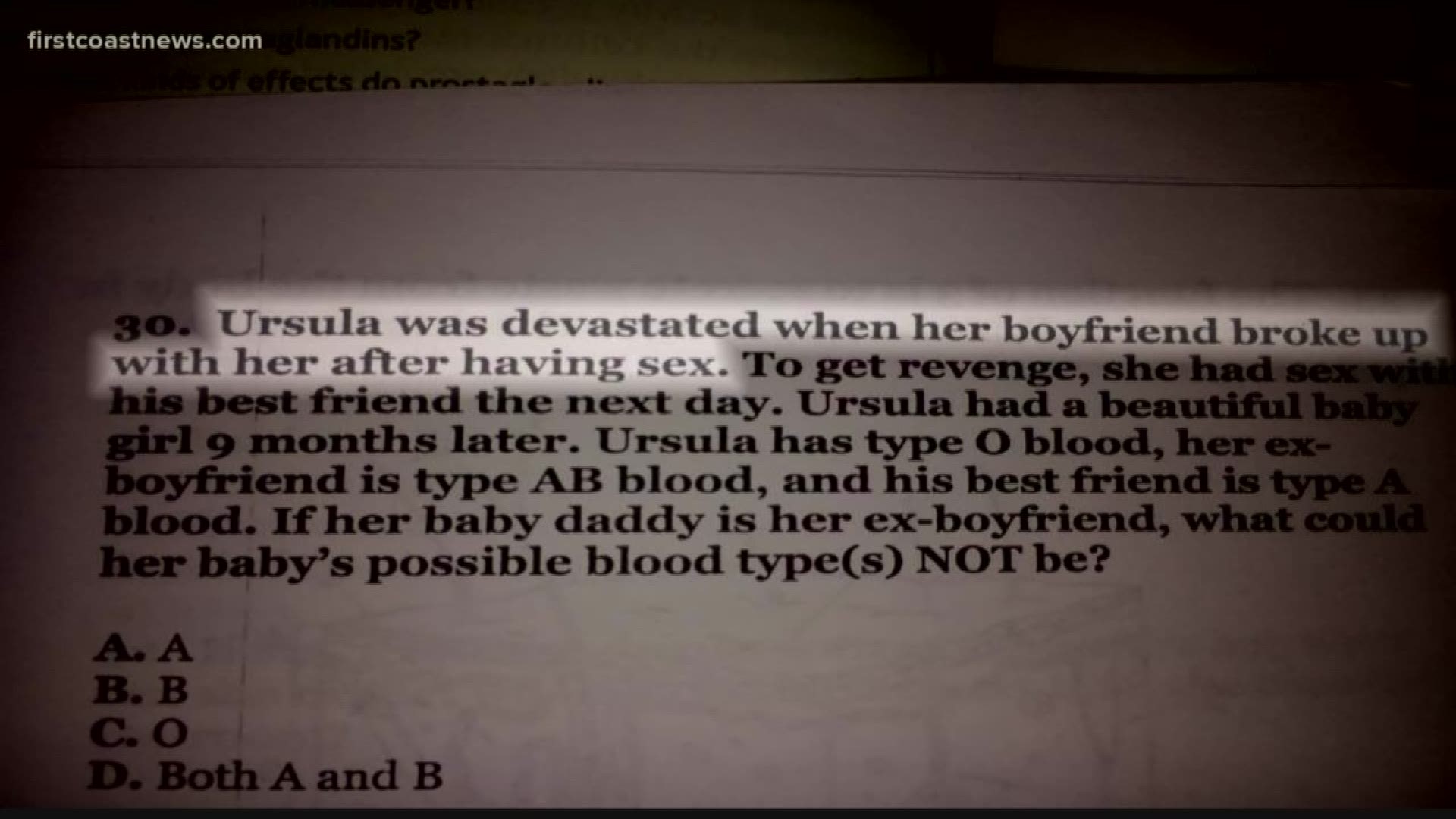 The question mentions revenge sex, 'baby daddies,' 'baby mamas,' in his daughter's homework.