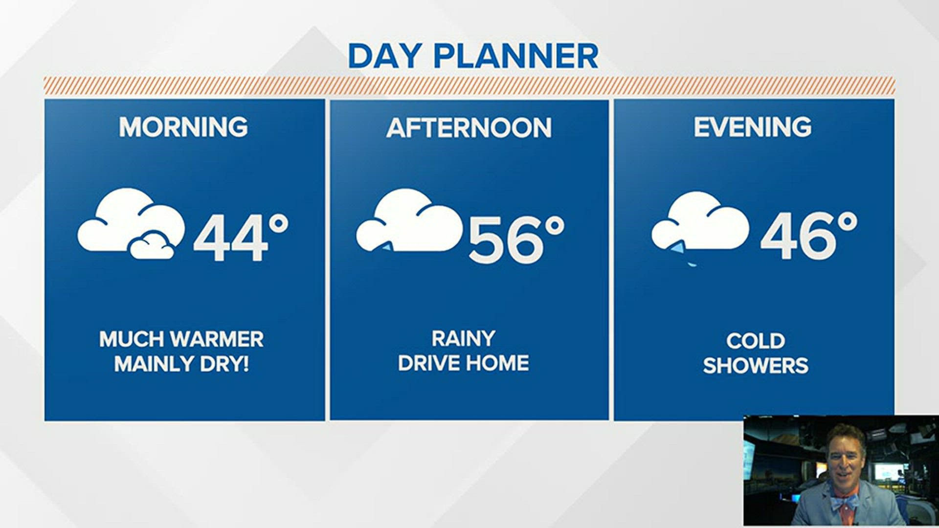 Rain increases from west to east this afternoon. Take the umbrellas and warmer jackets with highs only in the lower to middle 50s.