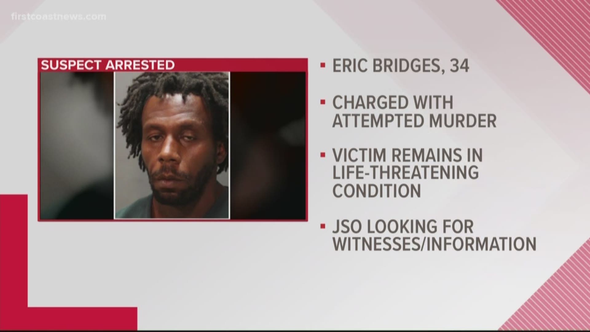 The Jacksonville Sheriff's Office arrested 34-year-old Eric Shaun Bridges days after a victim was reportedly beaten and dragged by a van in Moncrief.