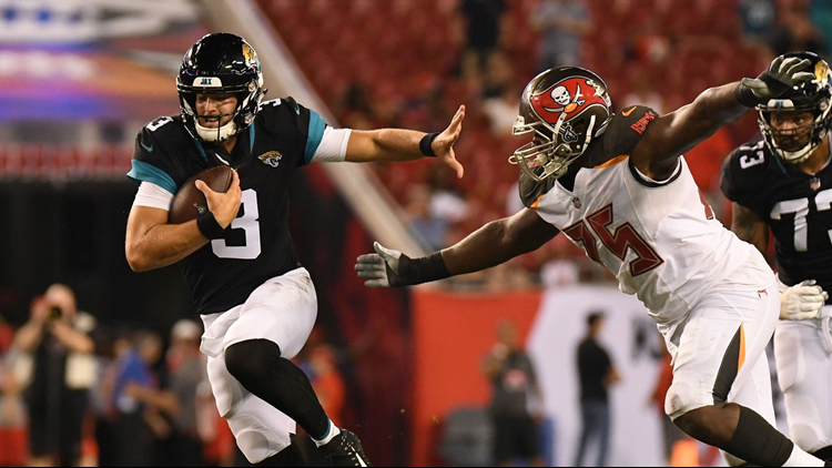 August 30, 2018 - Jacksonville Jaguars quarterback Tanner Lee (3) scrambles  for yardage in the 2nd half during the game between the Jacksonville Jaguars  and the Tampa Bay Buccaneers at Raymond James