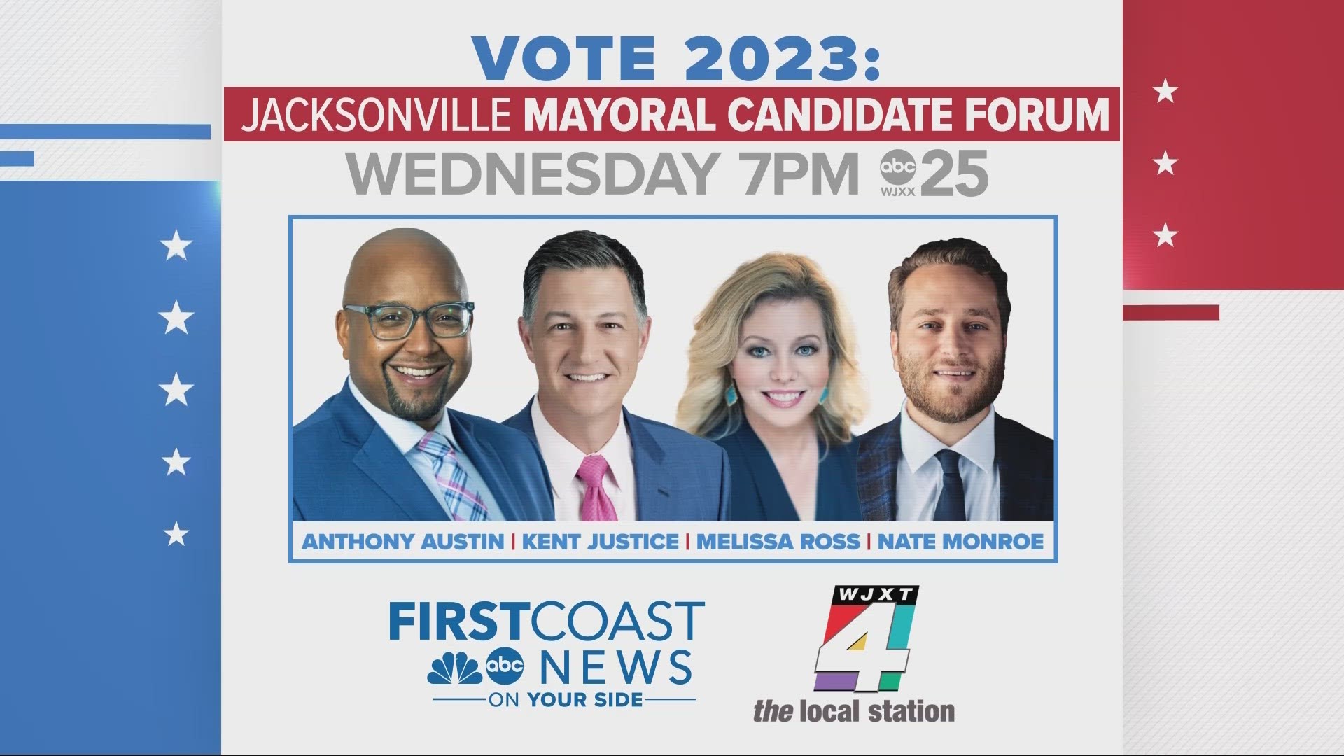 The panel includes Anthony Austin of First Coast News, Kent Justice of WJXT, Melissa Ross of WJCT 89.9 and Nate Monroe of the Florida Times Union