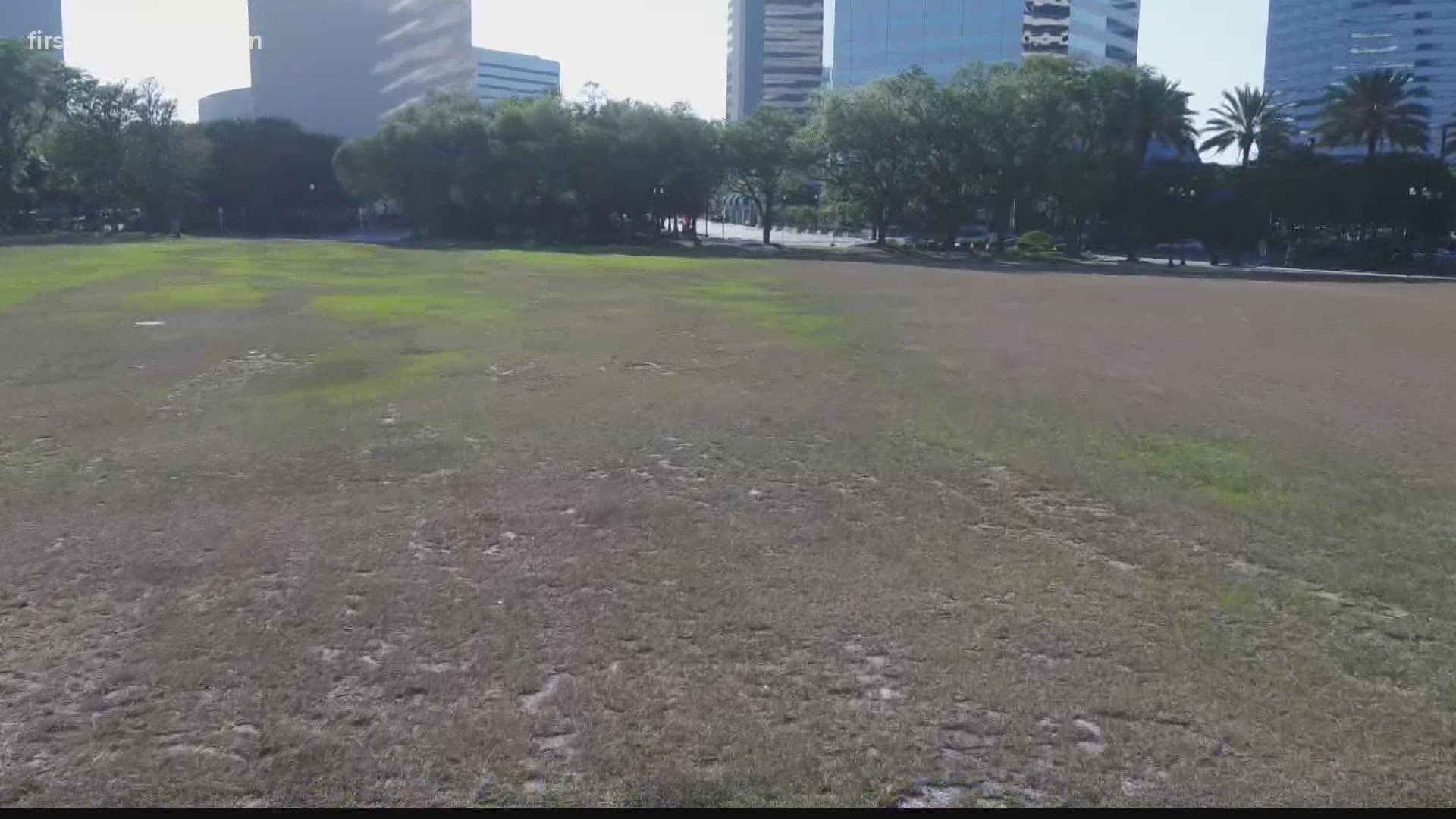 The Jacksonville Landing Lawn is a centerpiece in the city, yet in the past months, the green space is looking more like brown space.