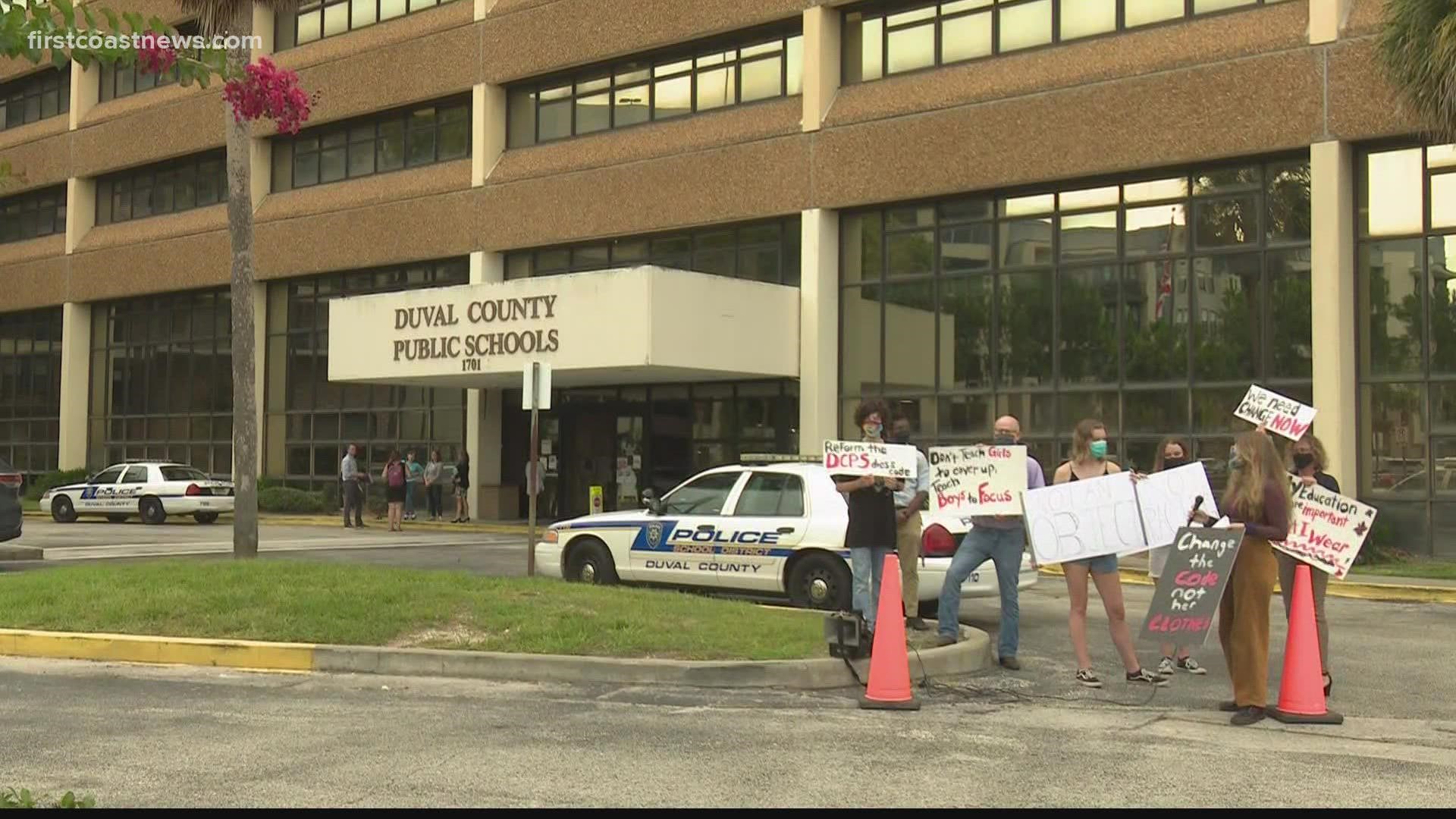 A protest took place Tuesday night at the Duval County Public Schools building.
