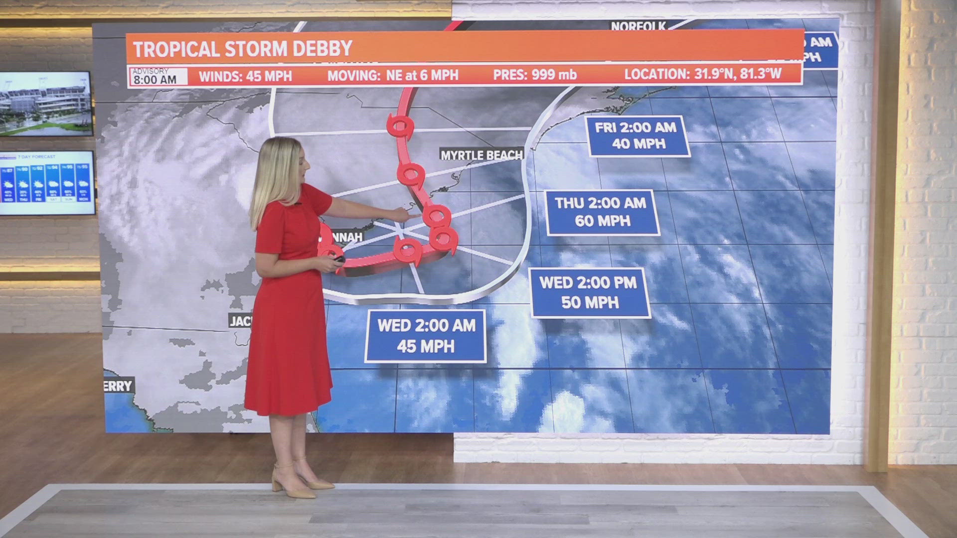 Debby is expected to stay at tropical storm strength through Tuesday, but by Wednesday afternoon, winds could pick up to 50 mph after crossing into the Atlantic.