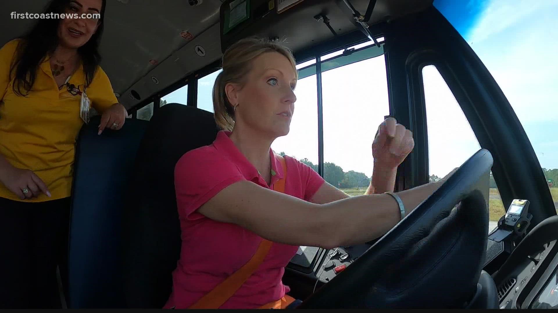 On Friday, the district asked First Coast News' Jessica Clark to climb into the drivers' seat to demonstrate that anyone can learn to drive a bus!