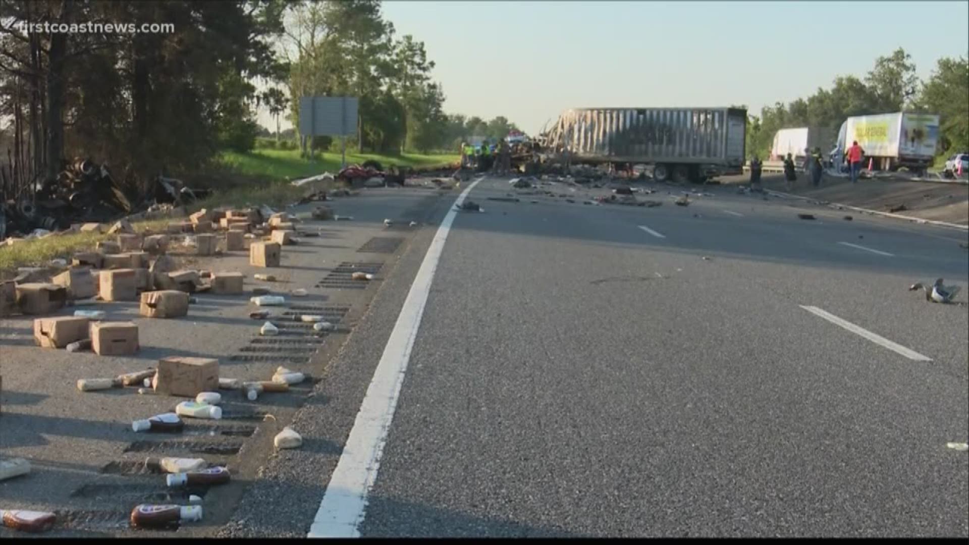 Florida Highway Patrol says the crash, which happened near Mile Maker 413, involved three semi-trailers and an SUV.