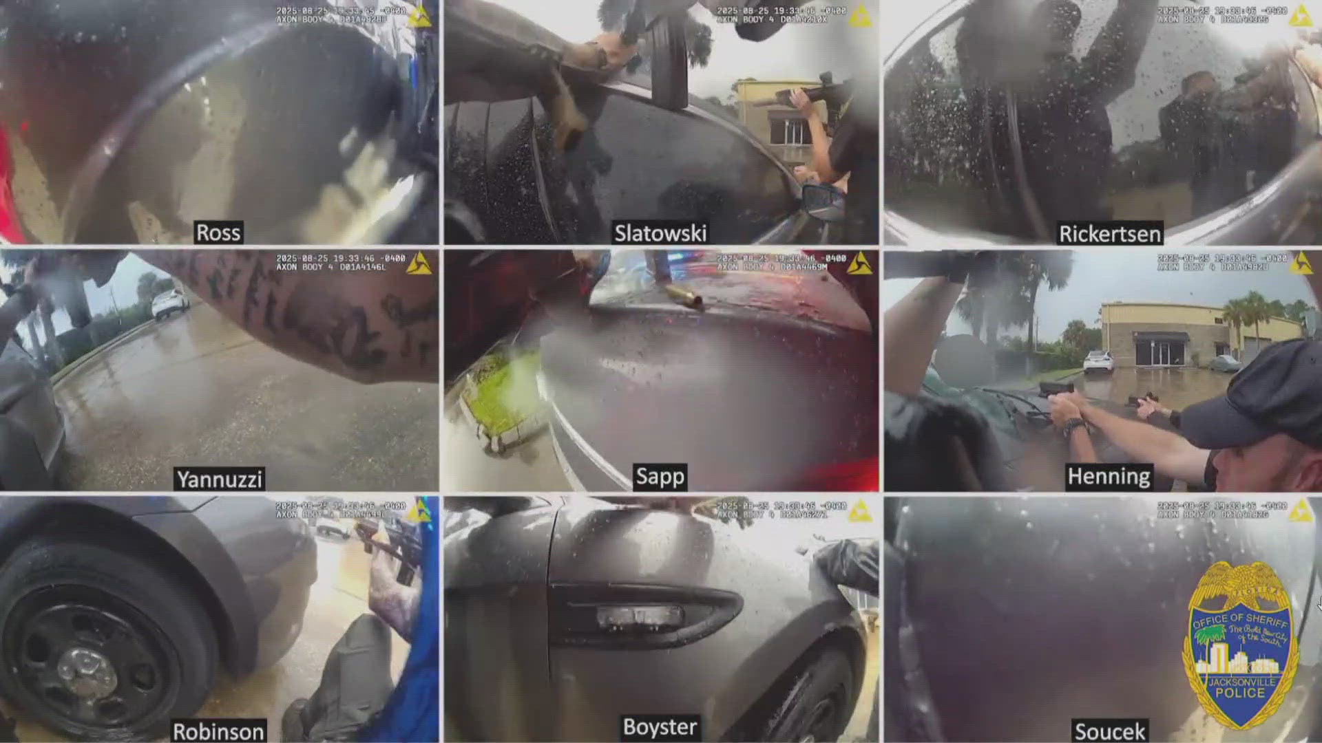 Bodycam footage shows police shooting Cale Gilbert in Jacksonville after he fired at a couple and rammed their car. 