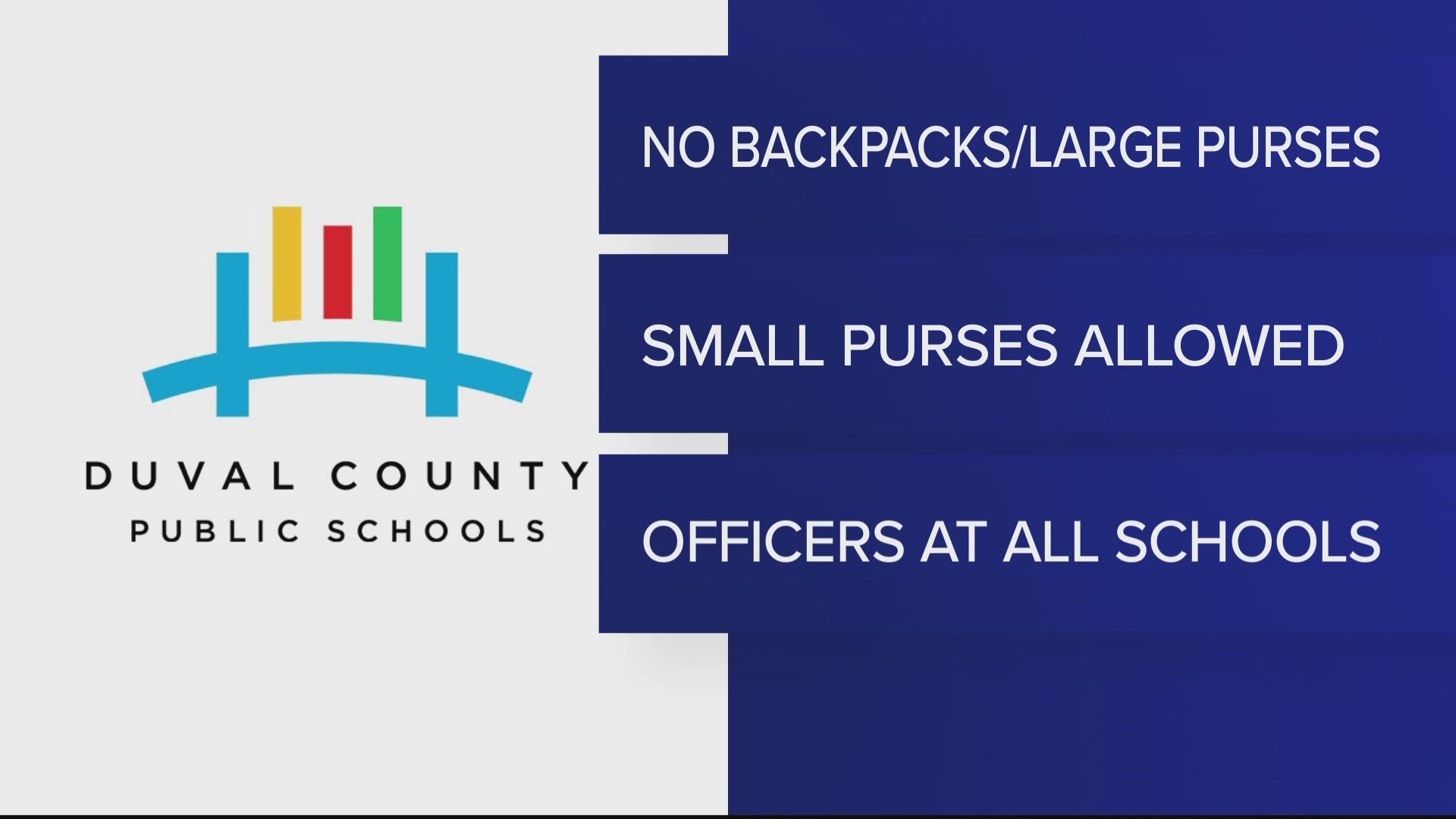 School Police Chief Greg Burton says no backpacks or large handbags allowed at any Duval County public school this week.