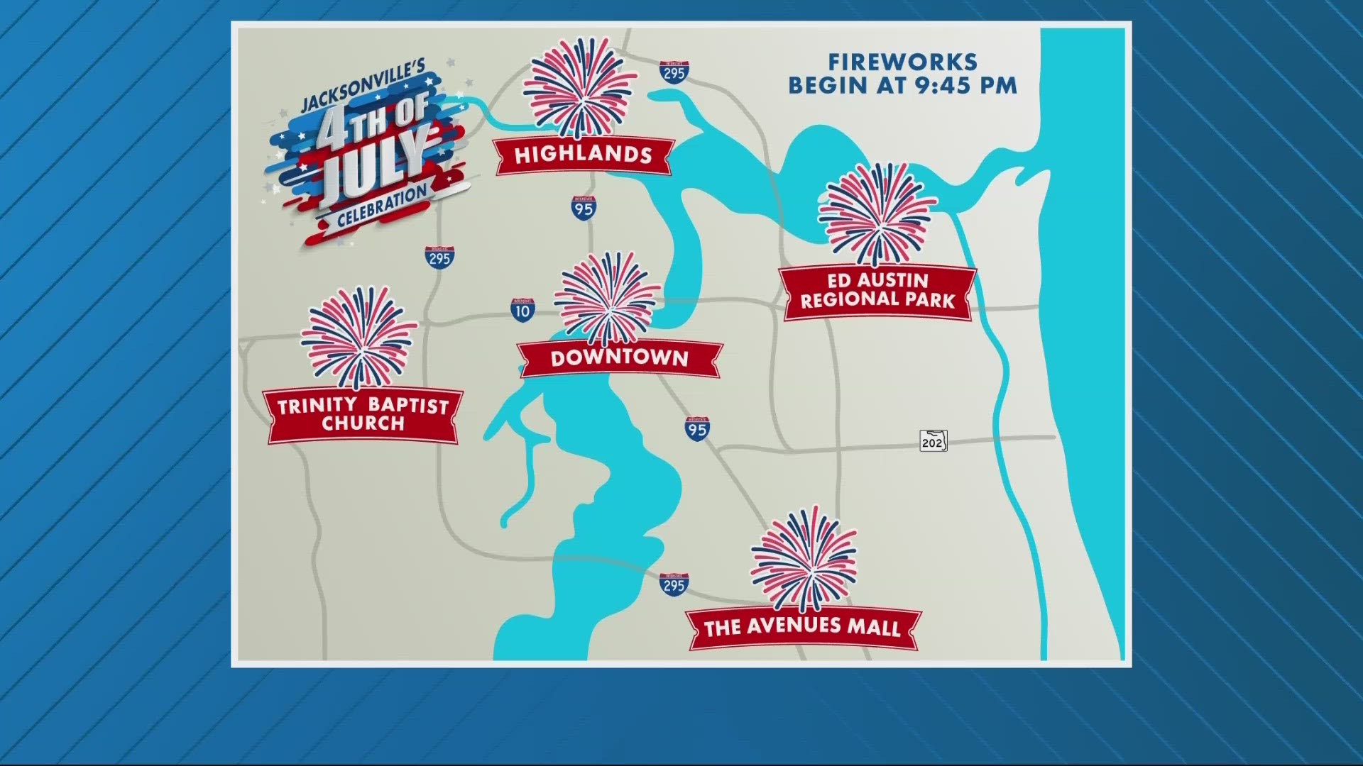 As the Fourth of July approaches next week, here is a list of locations you can go to view fireworks light up the night sky around the First Coast.