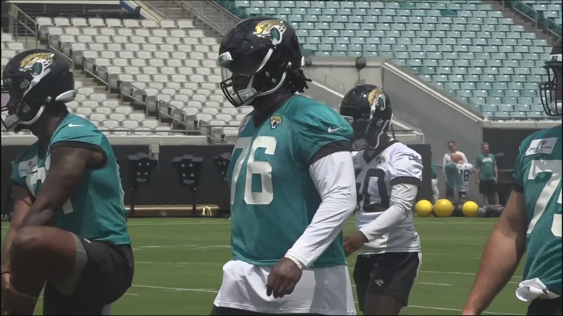 First Coast News Sports Director Chris Porter catches up with Jags' rookie offensive lineman Anton Harrison following the first day of rookie minicamp.