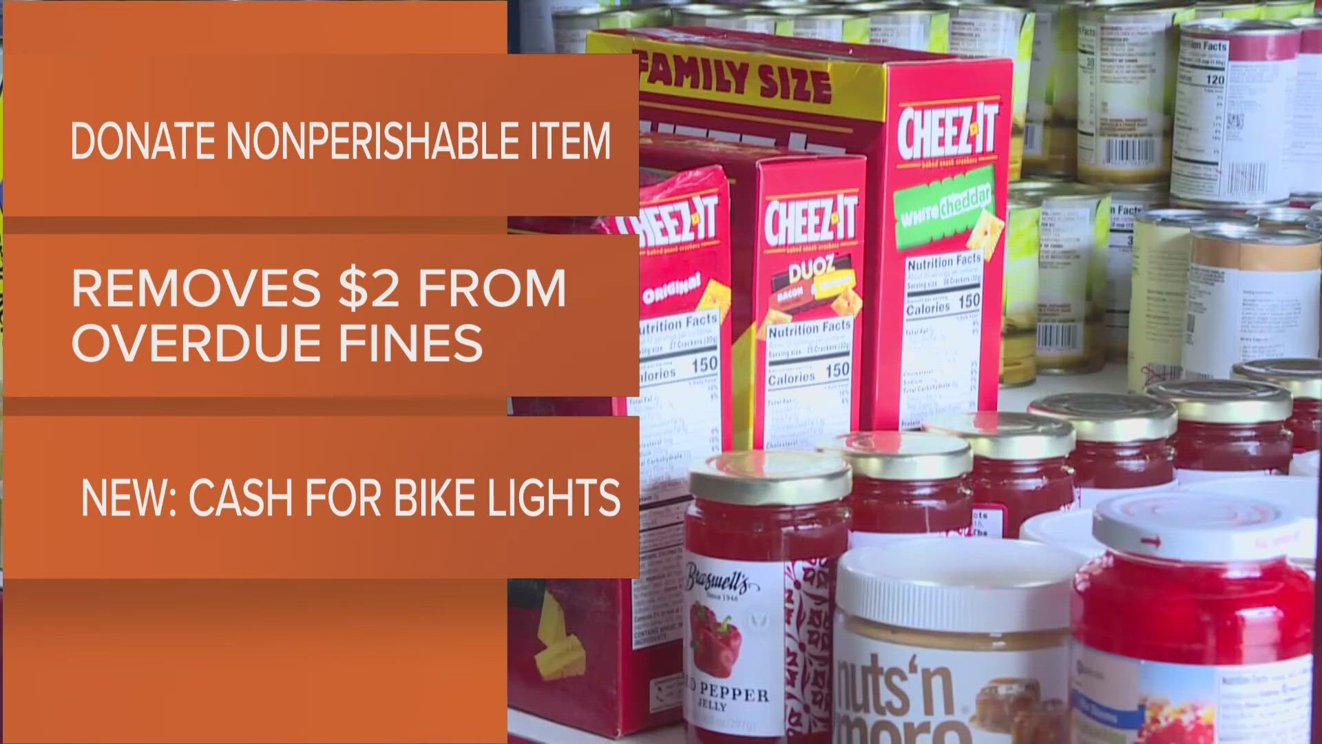 Participants can donate non-perishable food items to reduce their overdue fines by $2 per item and/or make a cash payment towards their fines to help buy bike lights