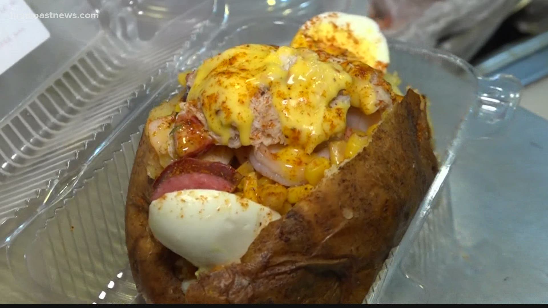 Crab, shrimp and Old Bay seasoning. It's not a low-county boil, it's just some of the items featured in the 'Crab Pot Potato' at Mr. Potato Spread.
