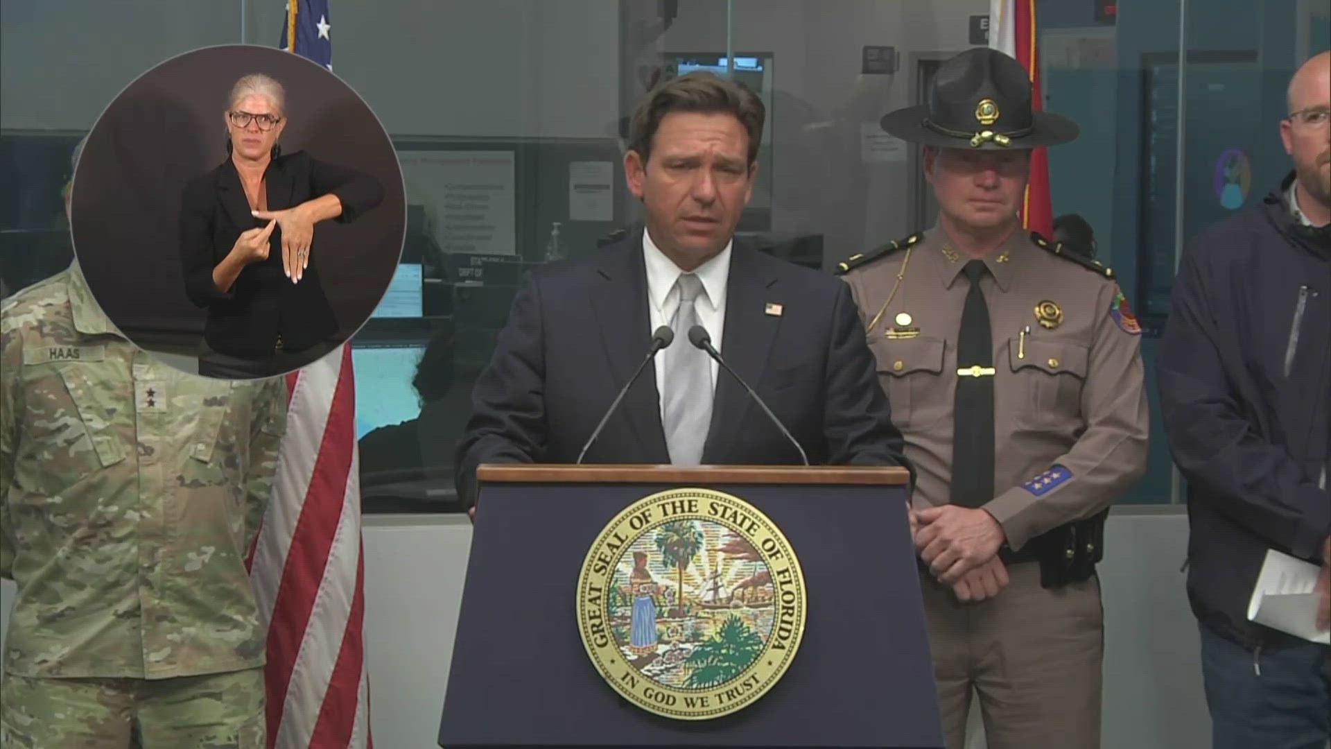 Florida Gov. Ron DeSantis and executive director of Florida Emergency Management Kevin Guthrie hold a briefing on Hurricane Helene in Tallahassee.