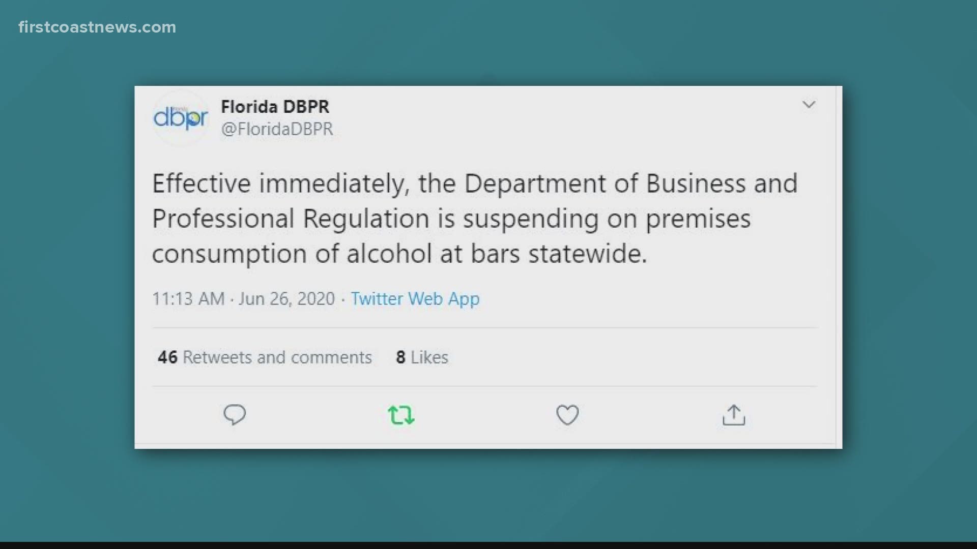 "Effective immediately, the Department of Business and Professional Regulation is suspending on premises consumption of alcohol at bars statewide."
