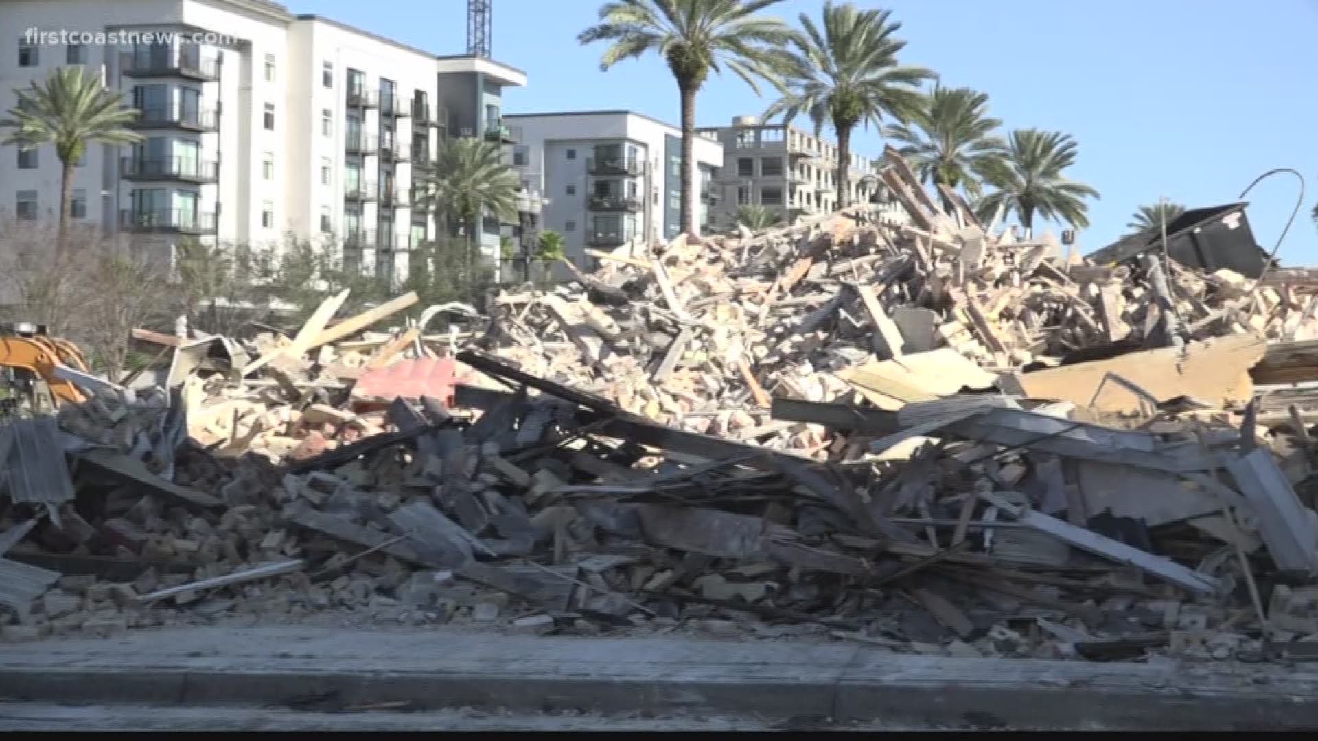 Rubble littered the site of Firehouse 5 in the Brooklyn neighborhood in Jacksonville, as crews worked to demolish the 110-year-old building Saturday.