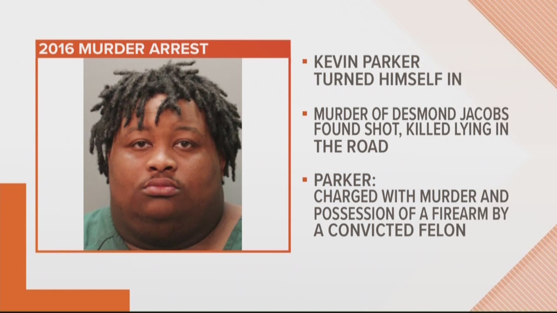 Kevin L. Parker, 28, turned himself in after a warrant was issued for Parker for the murder of a man found dead of apparent gunshot wounds in the 8300 block of Greek Road on Oct. 21, 2016.